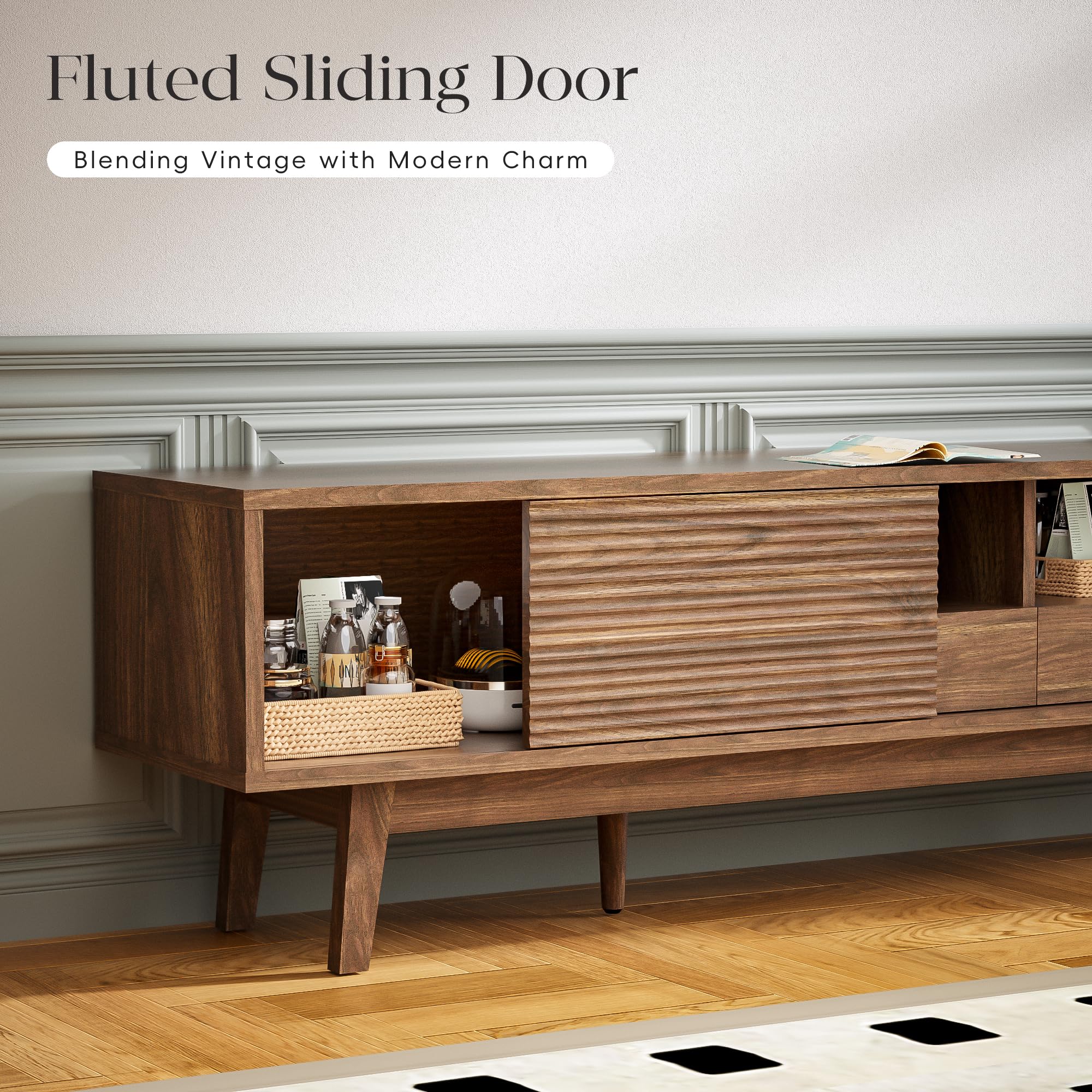 MU 70 Inch TV Stand for TVs up to 80 Inch, Mid Century Modern TV Console with Fluted Sliding Doors, Shelves & Drawers, Low Profile Entertainment Center for Living Room (Walnut, 70")