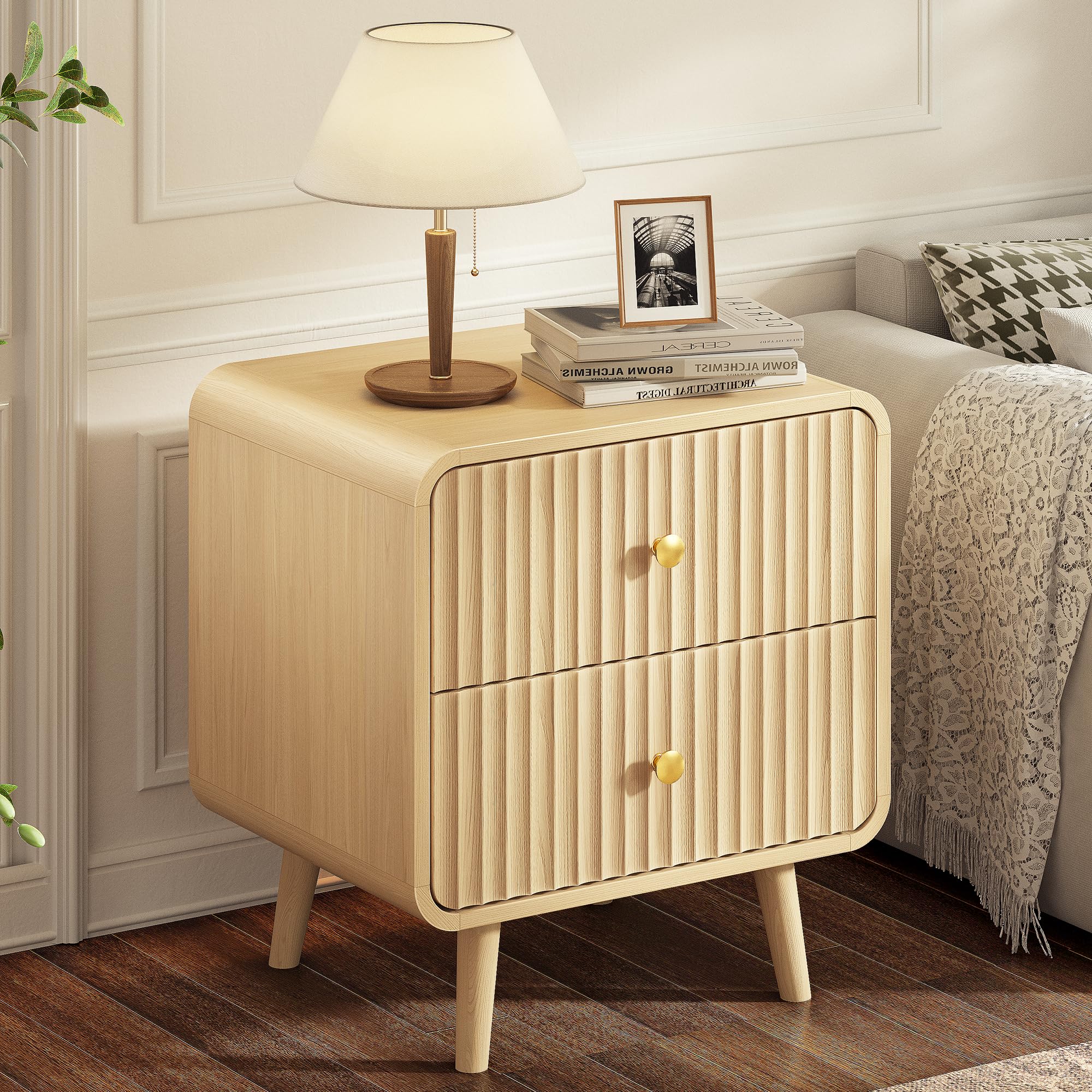 Fluted Nightstand with 2 Drawers – Oak