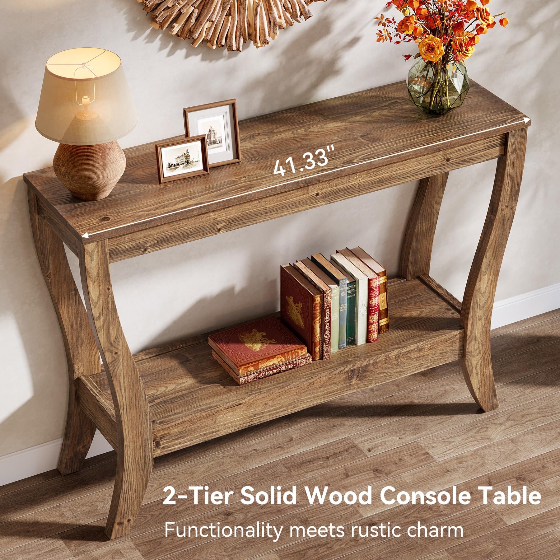 2-Tier Solid Wood Console Table with Shelf