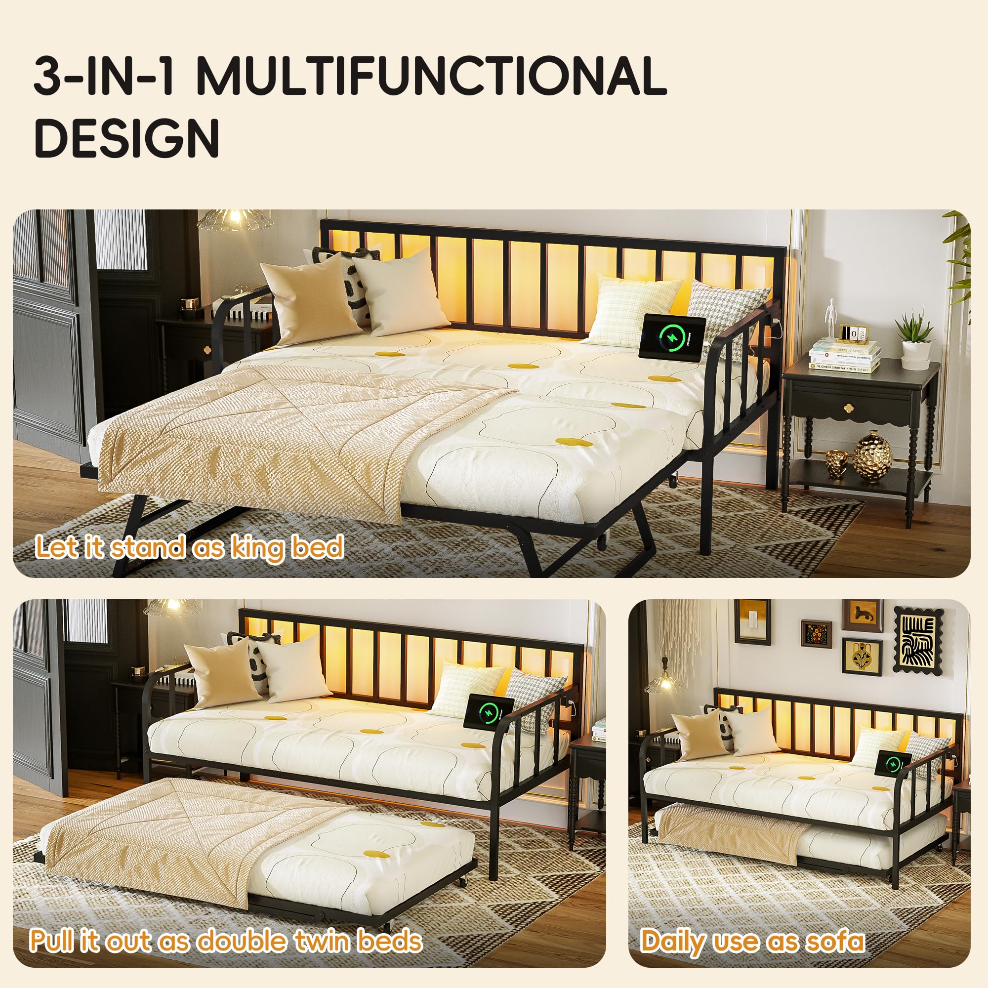 Twin Daybed with Pop-Up Trundle & LED Lights