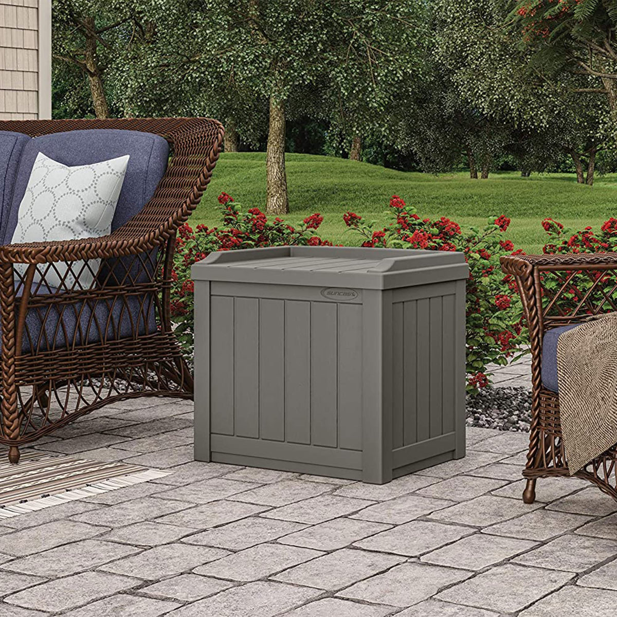 Suncast Outdoor Storage Box - 22 Gallon Stone Gray Resin Outdoor Deck Box with Seat, Weatherproof Patio Storage Bin Container for Keeping Cushions, Tools, & Towels for Pool, Yard, & Garden