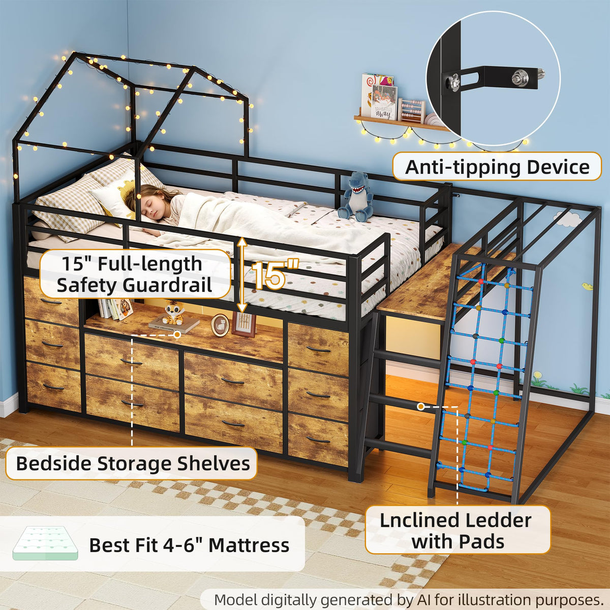 Dnxao Low Loft Bed Twin with 10 Drawers & Climbing Net, Rustic Brown