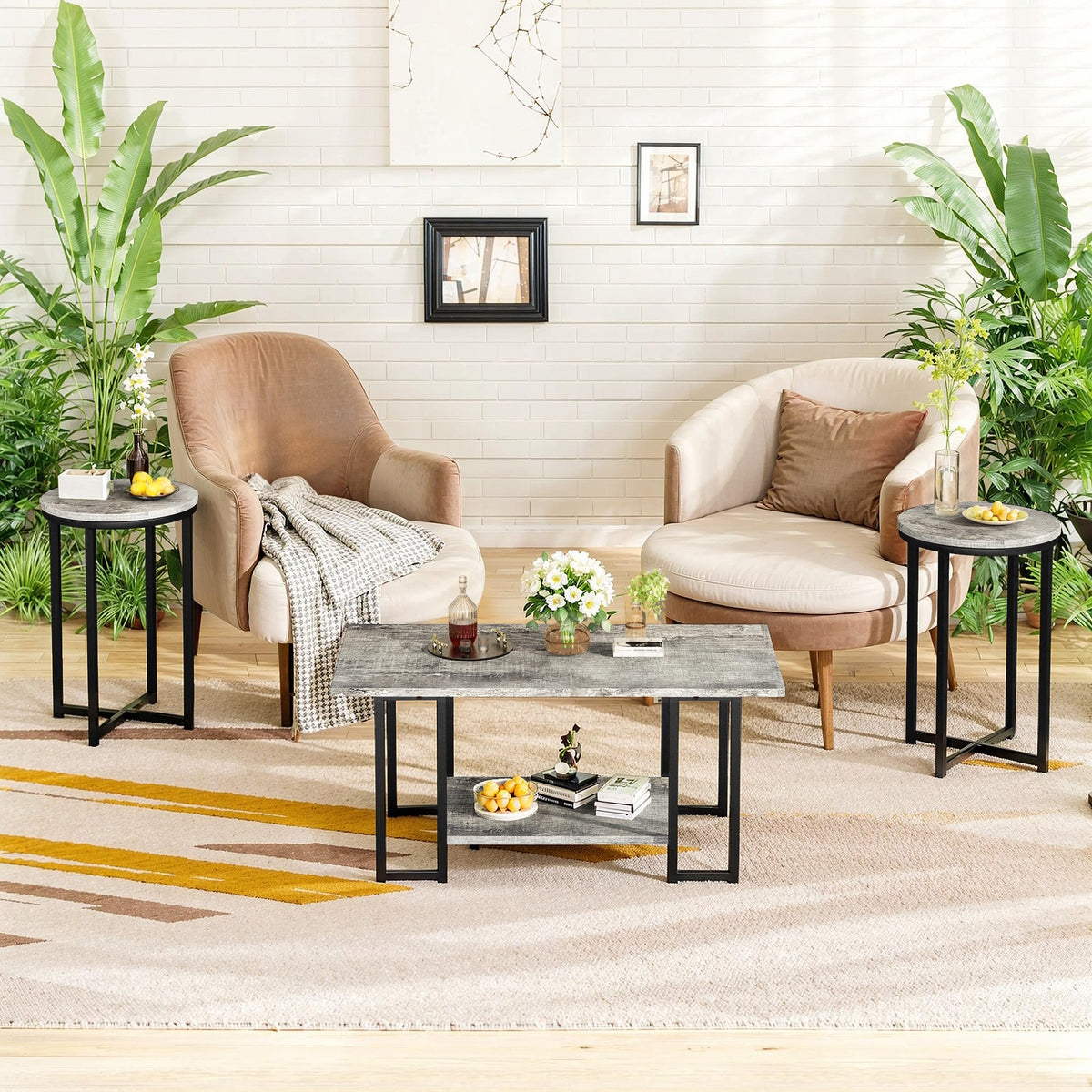 Lamerge 3 Pieces Living Room Table Set, Coffee Table with 2 Round End Side Tables, Coffee Table Set with Metal Frame for Apartment Home Office, Grey&Black