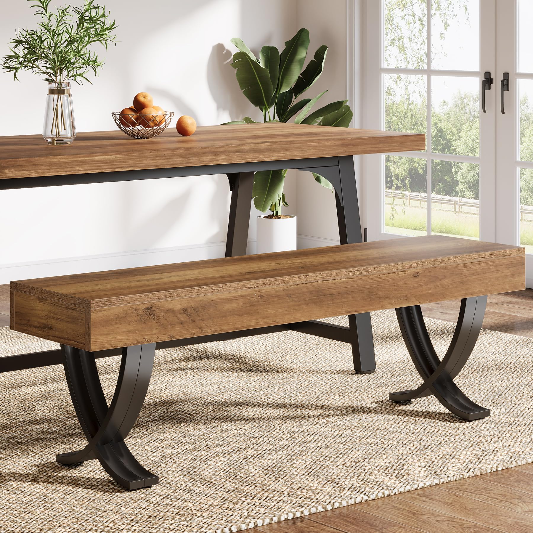 55-Inch Farmhouse Dining Bench with Metal X-Shaped Legs