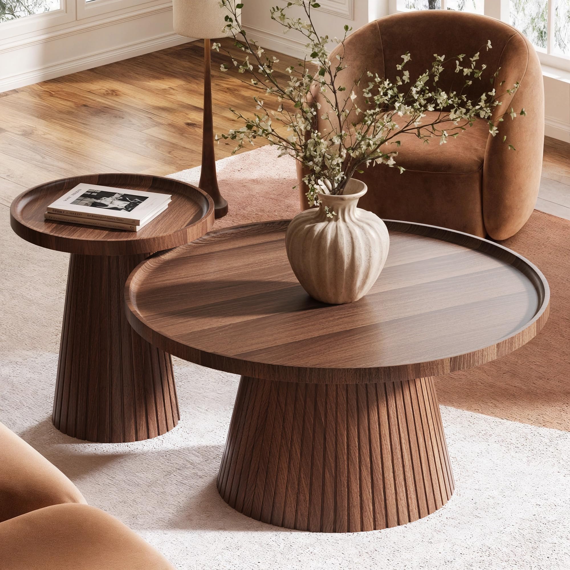 win2win Nesting Coffee Table Set of 2, Mid Century Modern Coffee Table with Wood Grain Veneer, Fluted Round Tea Table and End Table Set, Minimalist Center Tables for Living Room, Office, Walnut