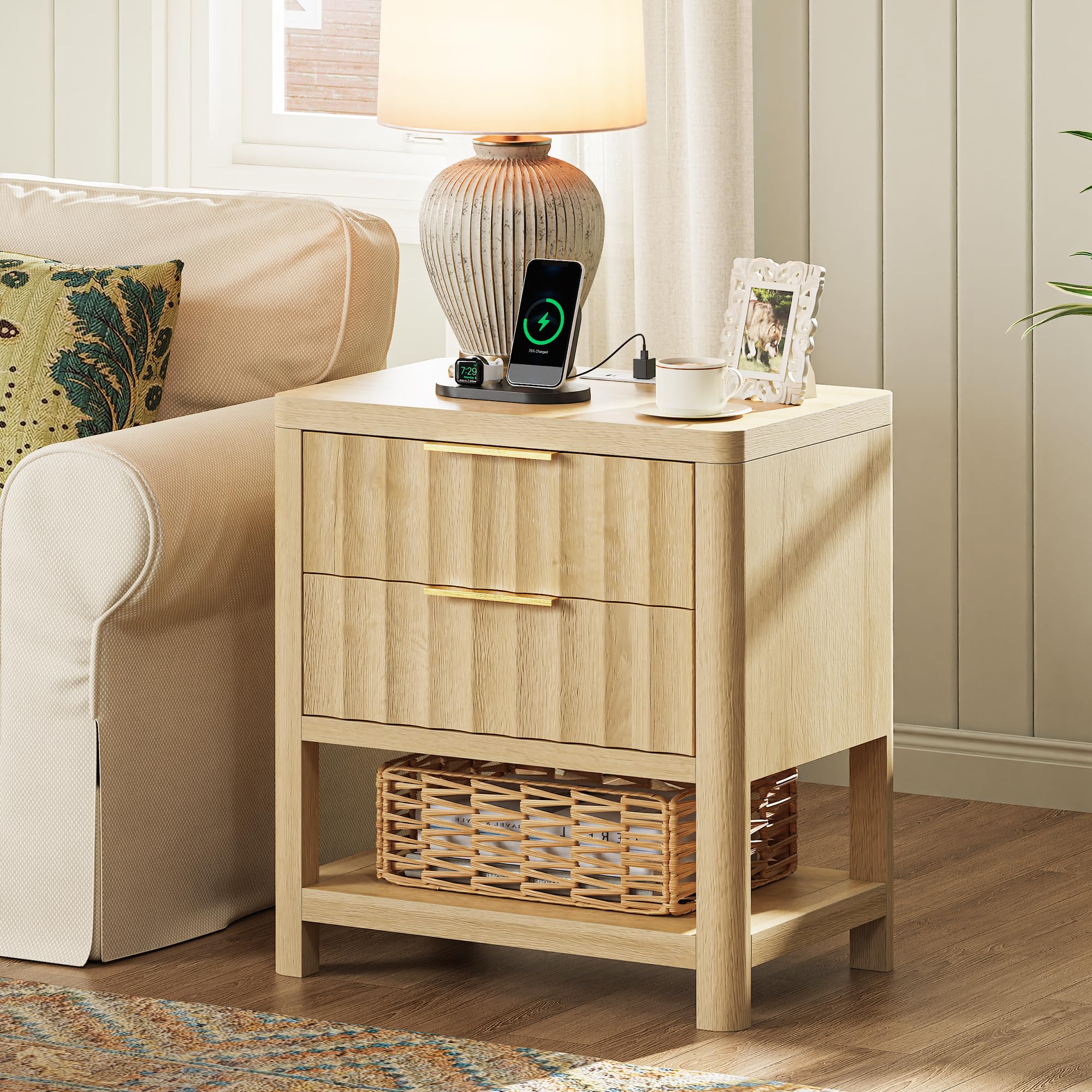 Tall Nightstand with Charging Station & 2 Drawers