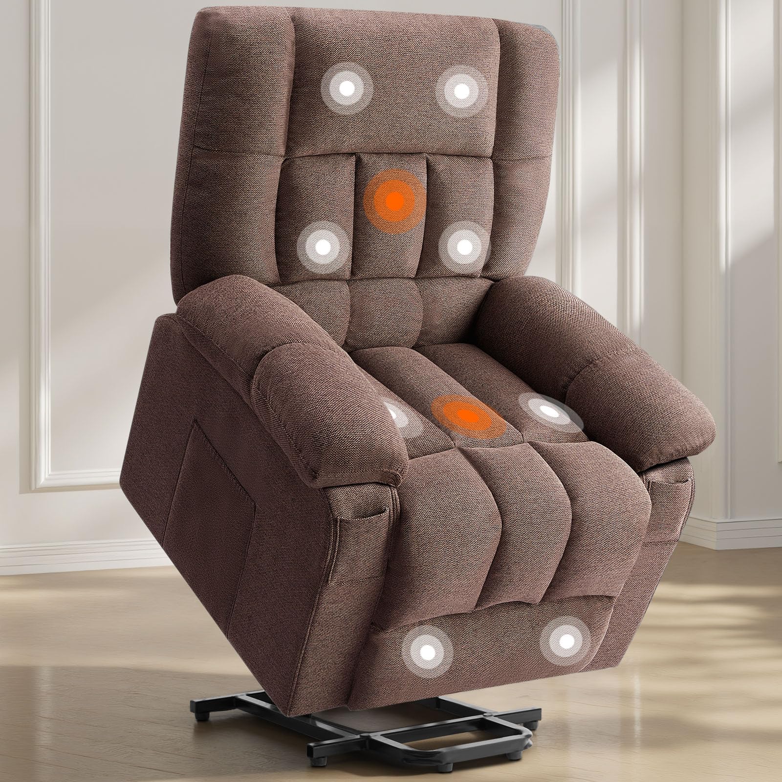 Sweetcrispy Power Lift Recliner Chair with Vibration Massage and Heat for Adults, Ergonomic Overstuffed Breathable Fabric Reclining Chair with Side Pockets, Remote Control, Living Room, Bedroom, Brown