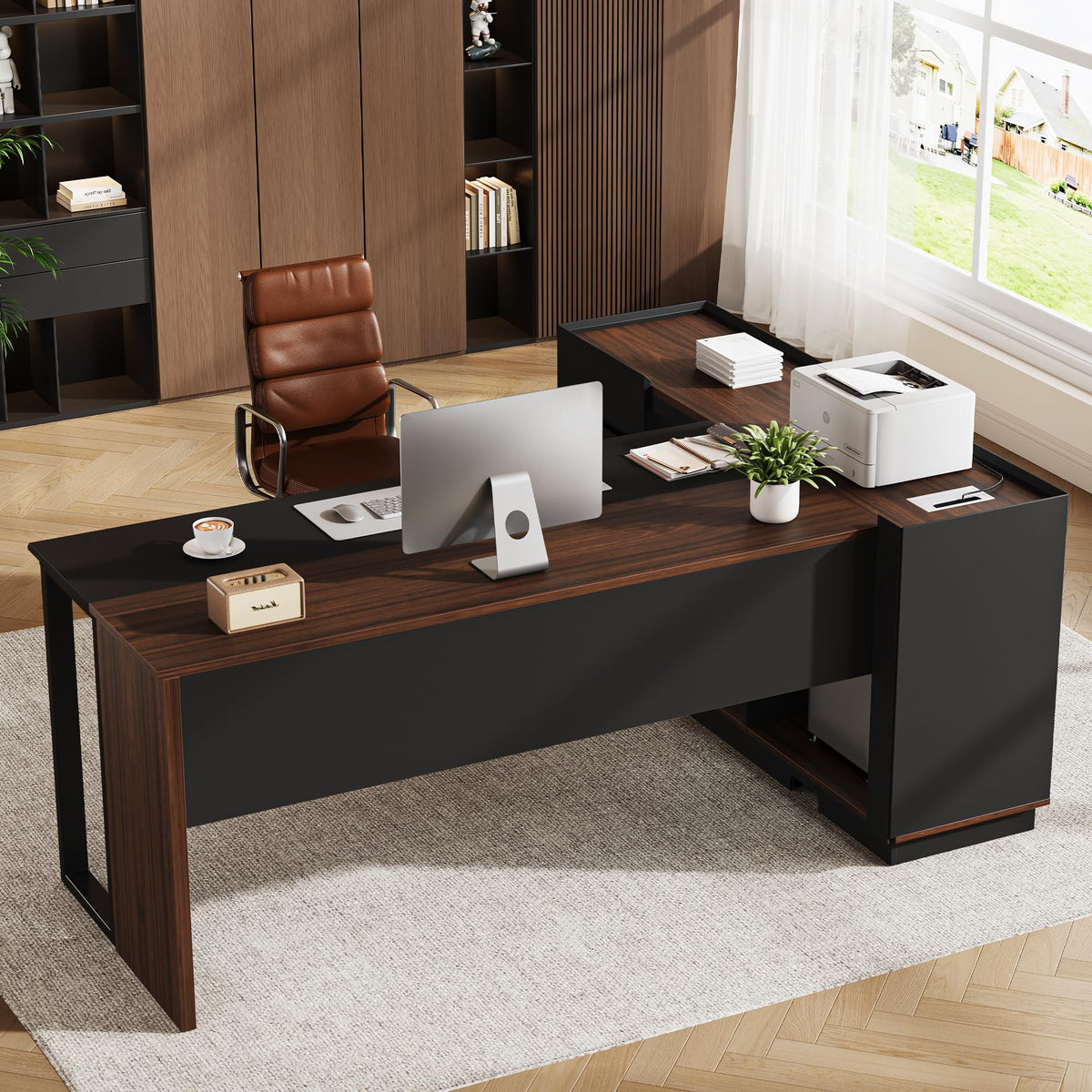 Vividwood 70" Executive Desk with Cabinet Storage, L-Shaped Office Desk with 3 Drawers and Shelves, Large Computer Desk Business Furniture for Home Office (Brown & Black)