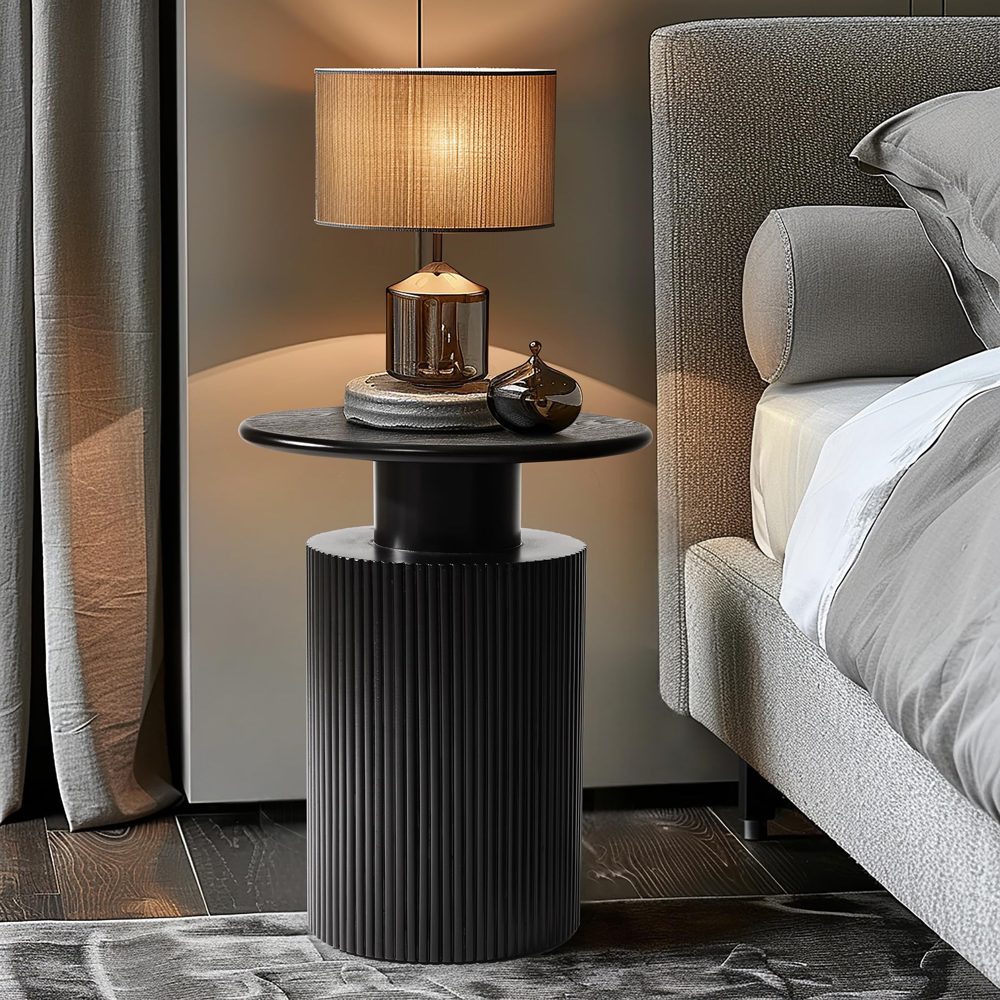 LuxenHome 21" Black Round Side Table, Fluted Black Side Table for Small Spaces, Modern Accent Round End Table for Living Room, Bedroom, Office