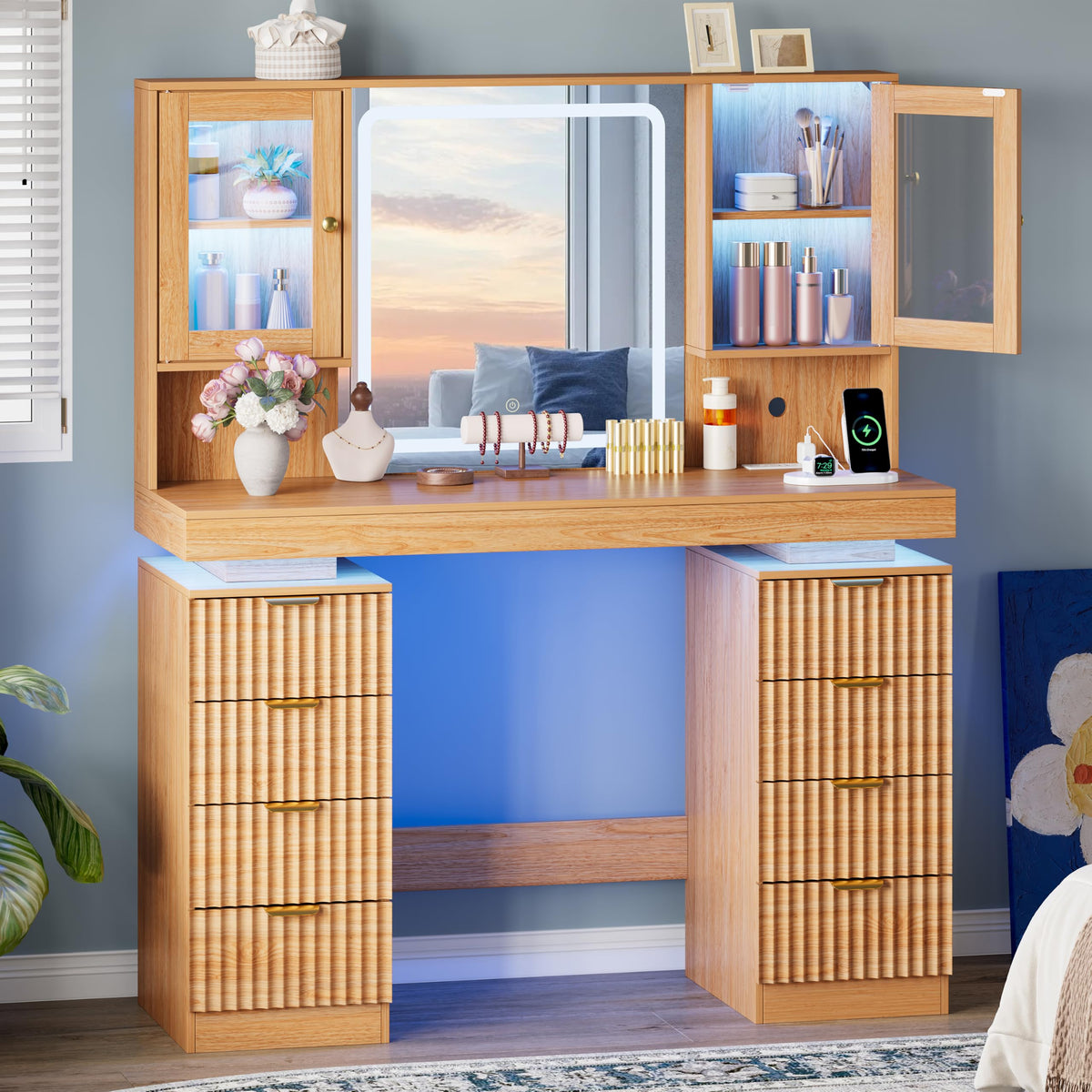 BOXACTION 45" Floating Vanity Desk with RGB Lighting & Led Mirror, Oak