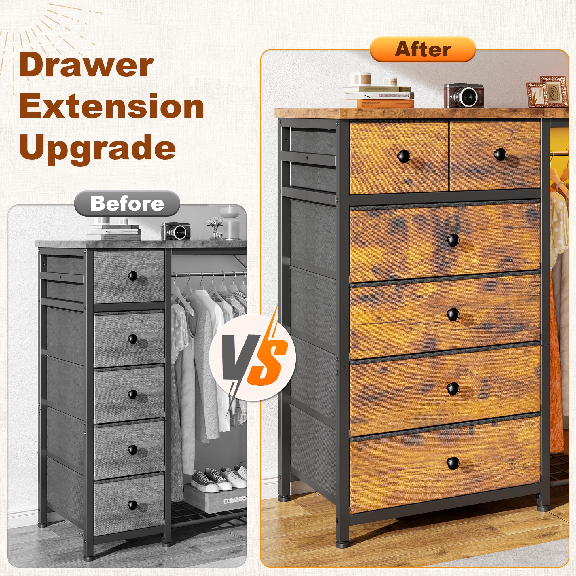 Dresser with Hanging Rack, 6 Drawers, LED Lights & Charging Station