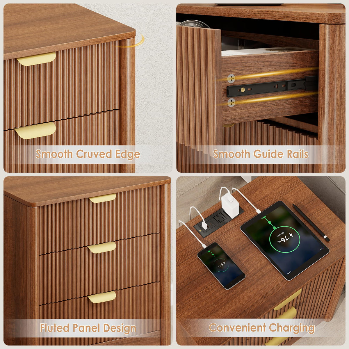 PLRSOZIM 23.6" Walnut Fluted Nightstand with Charging Station and 3 Drawers