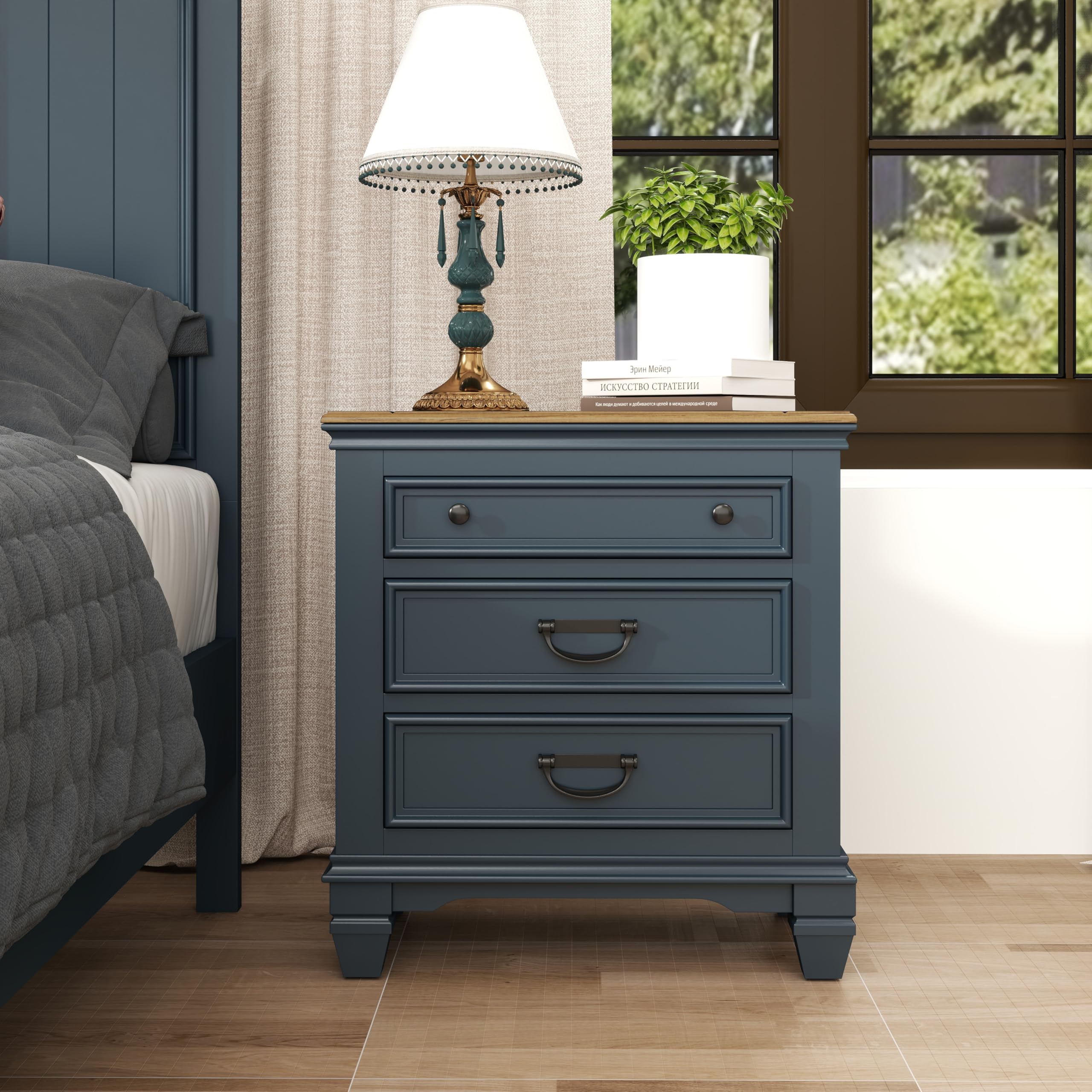 Roundhill Furniture Riverton Wood 3-Piece Bedroom Set, Shiplap Panel King Bed with 2 Nightstands in Slate Blue