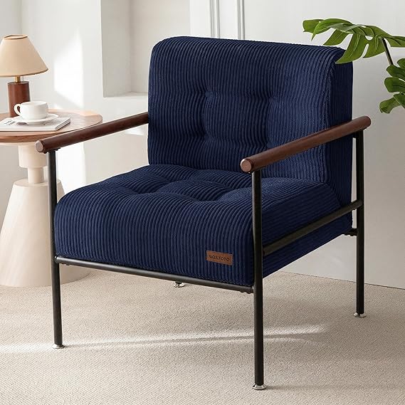 Upholstered Accent Chair with Metal Frame & Wood Armrests