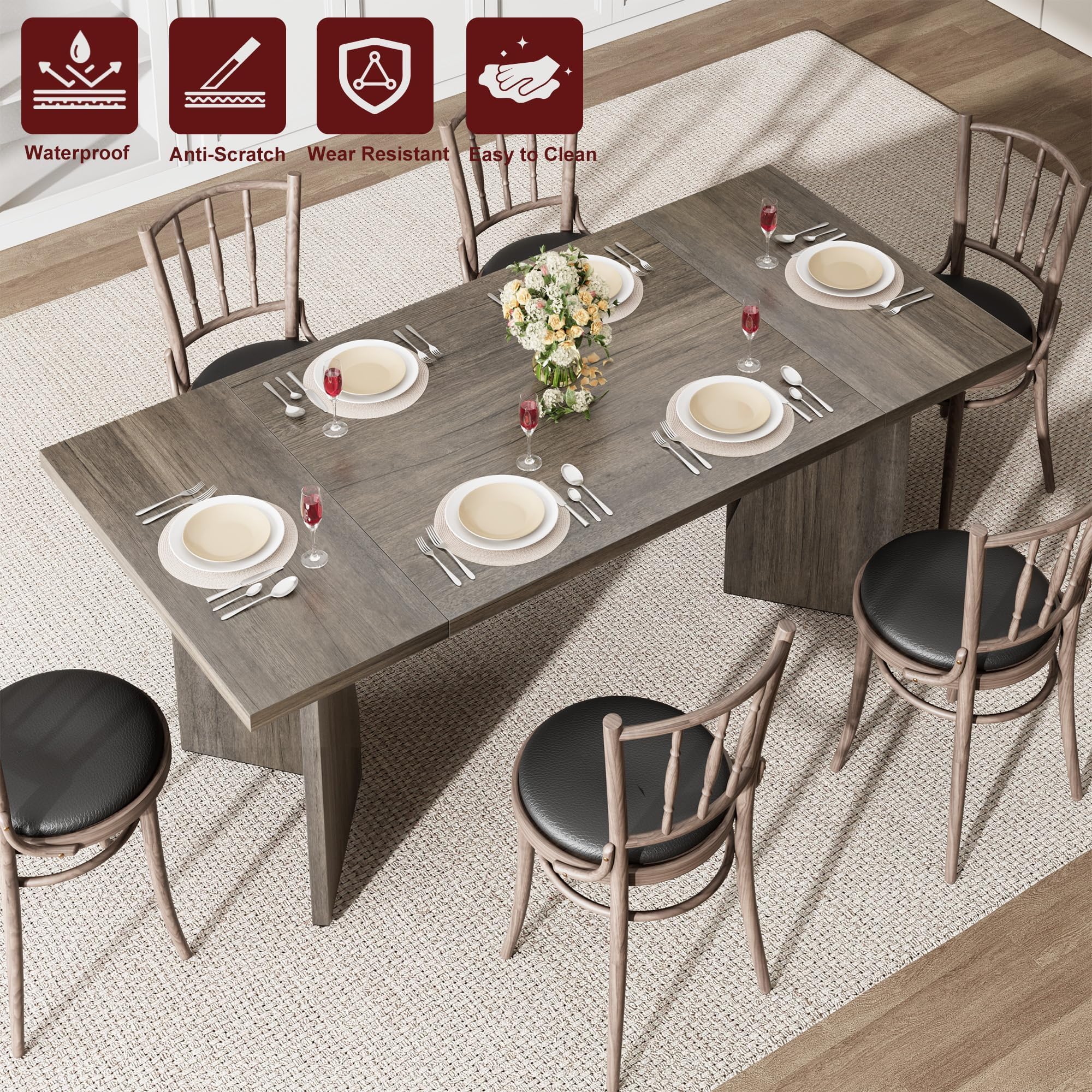 GarveeHome 70.9'' Rectangular Dining Table for 6-8, Wooden Thickened Long Desk, Farmhouse Kichen Table with Sturdy Frame and M-Shaped Legs, for Dining Room, Kitchen, Living Room, Office, Retro Brown