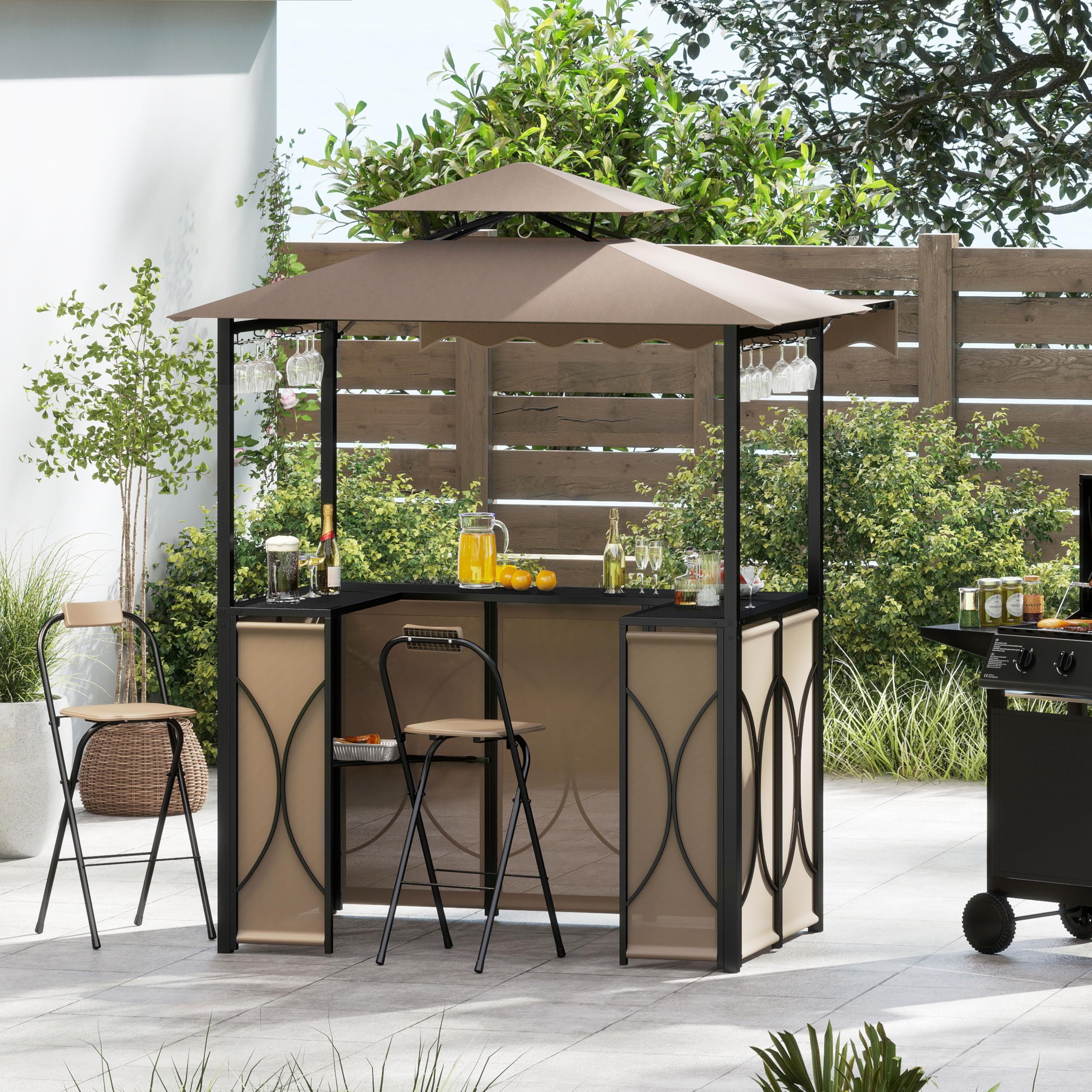 Tangkula 3 Piece Patio Bar Set, Grill Gazebo & 2 Foldable Bar Stools with Awning, Metal Storage Shelves, Glass Holders, Double-Tier Outdoor Shelter for Patio Poolside Garden Backyard (Coffee)