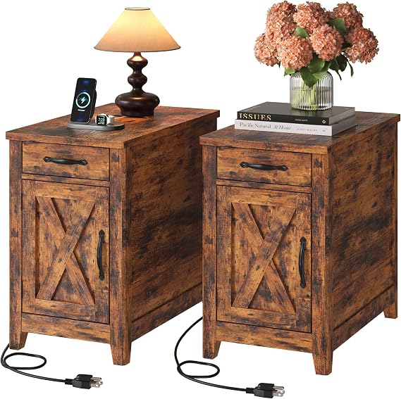 End Table Set of 2 with Charging Station & Storage