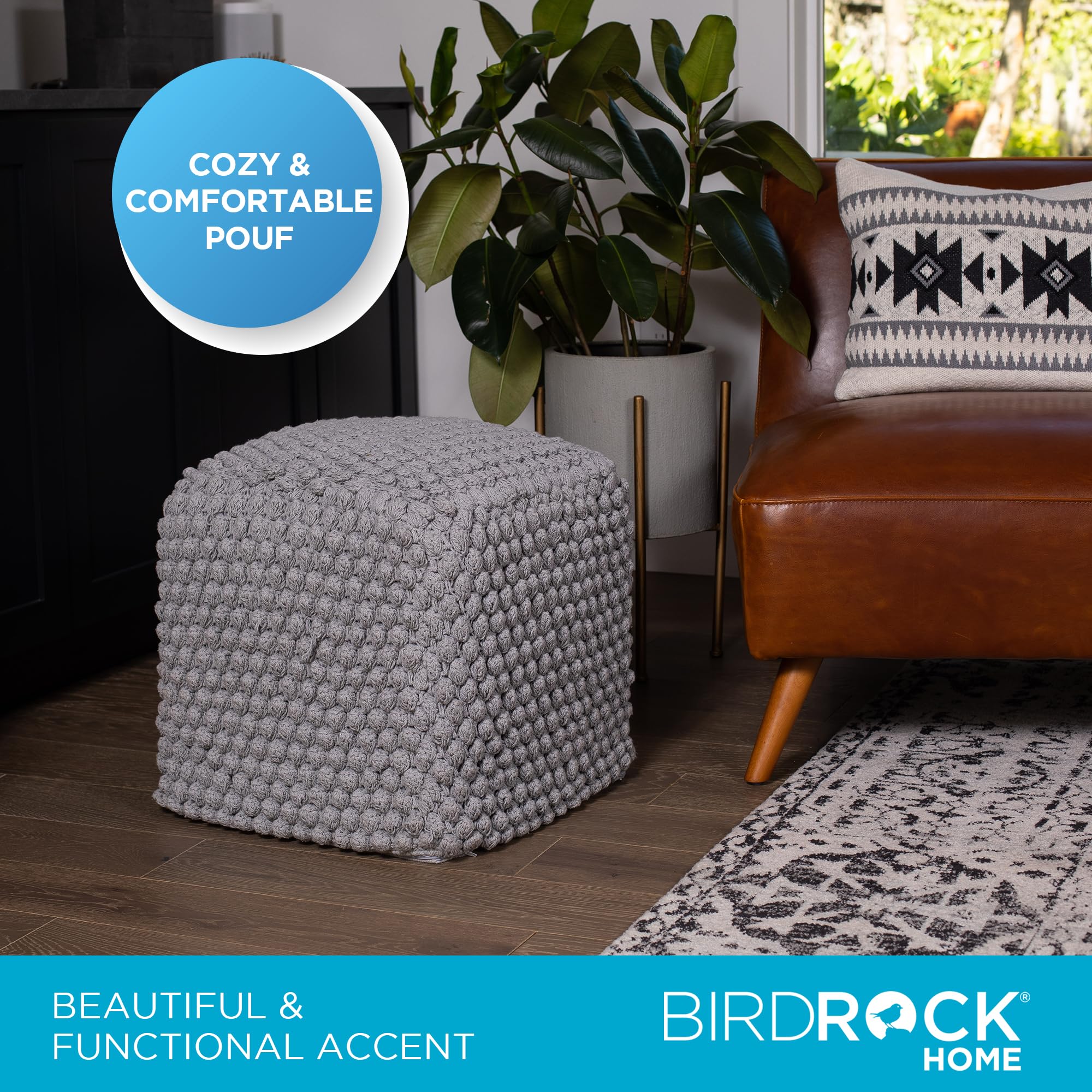 BIRDROCK HOME Square Pouf Ottoman Foot Rest - 18” Compact Comfortable Soft Cotton Knit Bean Bag Floor - Chair Foot Stool Seat for Living Room, Bedroom, Kids Room or Nursery (Grey Bud)