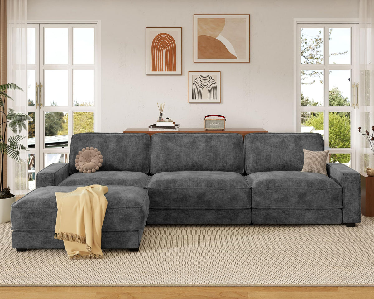 Vipbear 120" Oversized Modular Sectional Sofa, L Shaped Couch Set with 2 Pillows, 4 Seat Comfy Cloud Couches with Movable Ottoman for Living Room, Bedroom and Apartment, Chenille Dark Grey