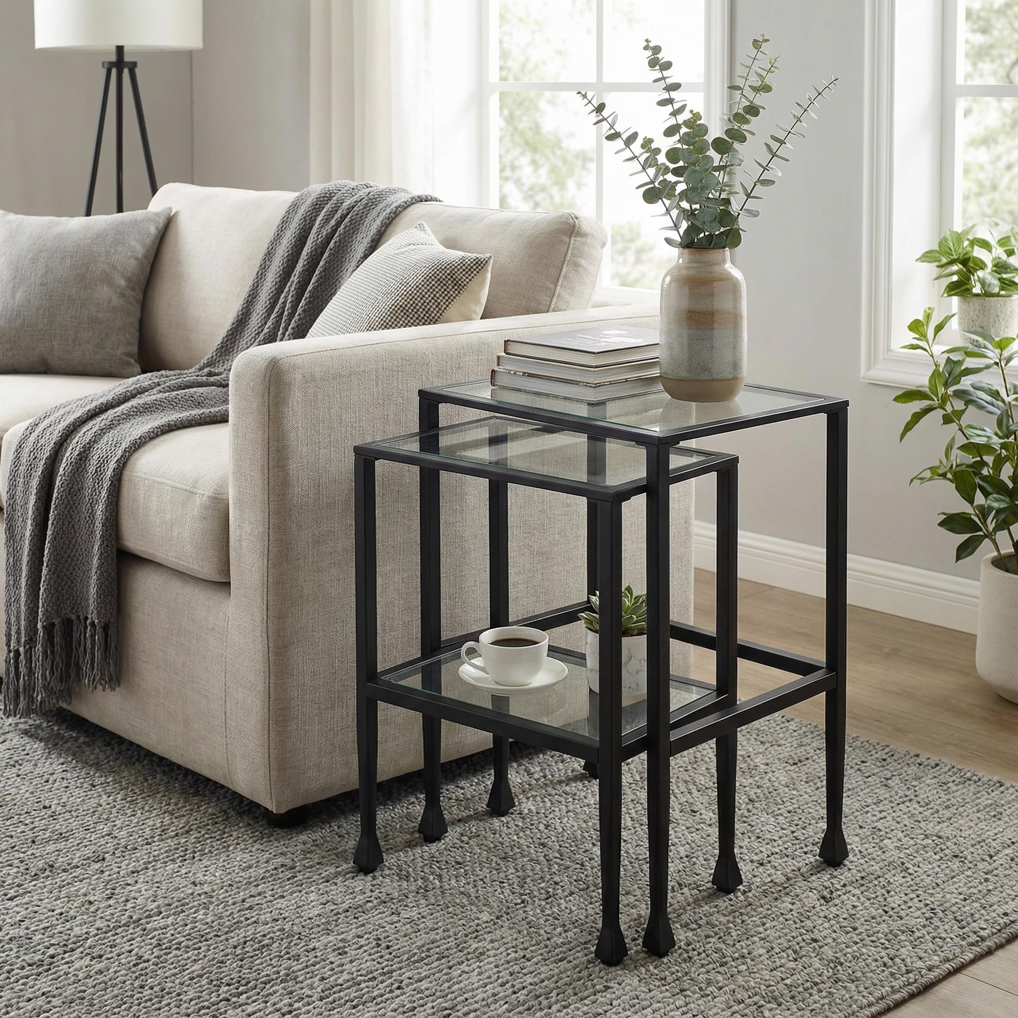 Square Nesting End Tables Set of 2 – Matte Black Steel & Glass