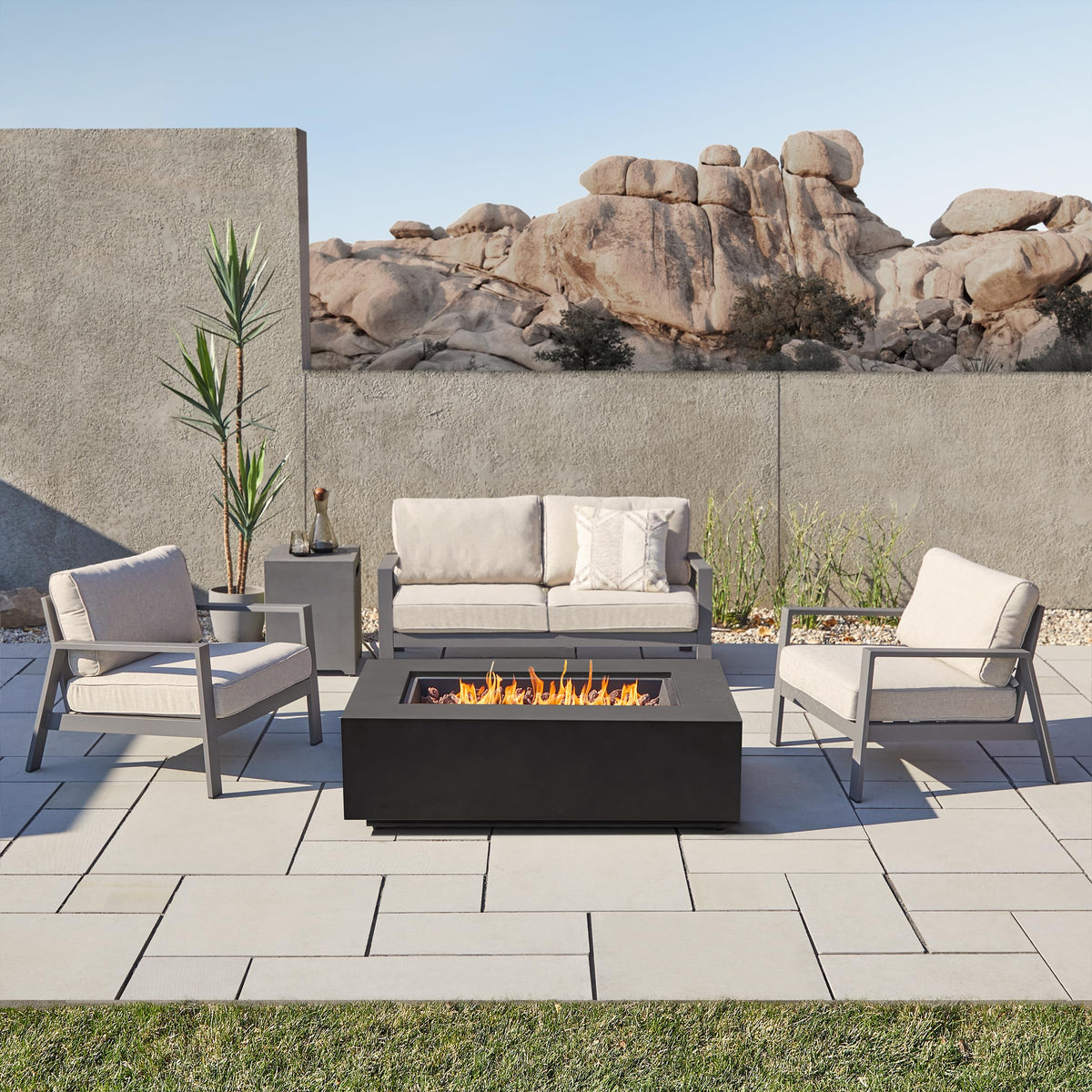 Real Flame Aegean 50in Rectangle Propane or Natural Gas Fire Pit Table, 50,000 BTU, Powder-Coated Steel, Push-Button Ignition, Lava Rock, Storage Cover, Stainless Steel Burner with Lid - Black