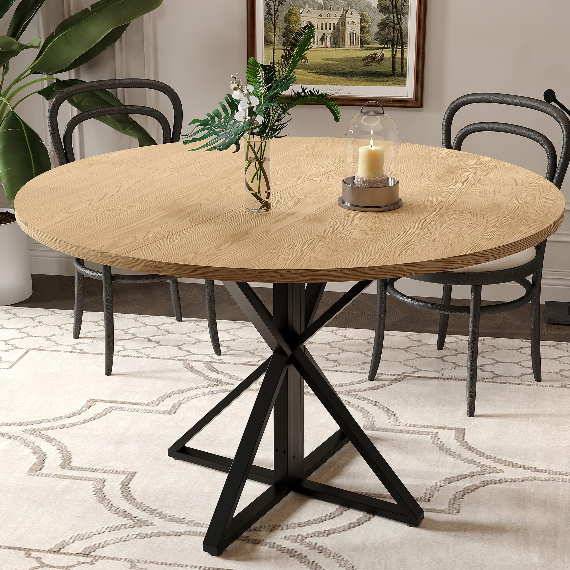 GarveeHome 47 Inch Round Dining Table for 4-6, Circle Kitchen Table with Pedestal Base, Farmhouse Wooden Dining Table for Small Spaces, Kitchen & Dining Room, Living Room-Oak/Only Table