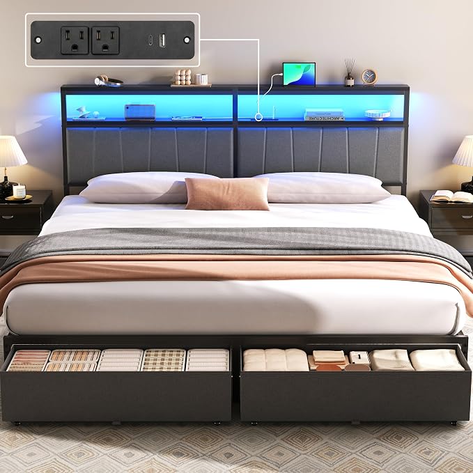 Queen Storage Bed Frame with Charging Station