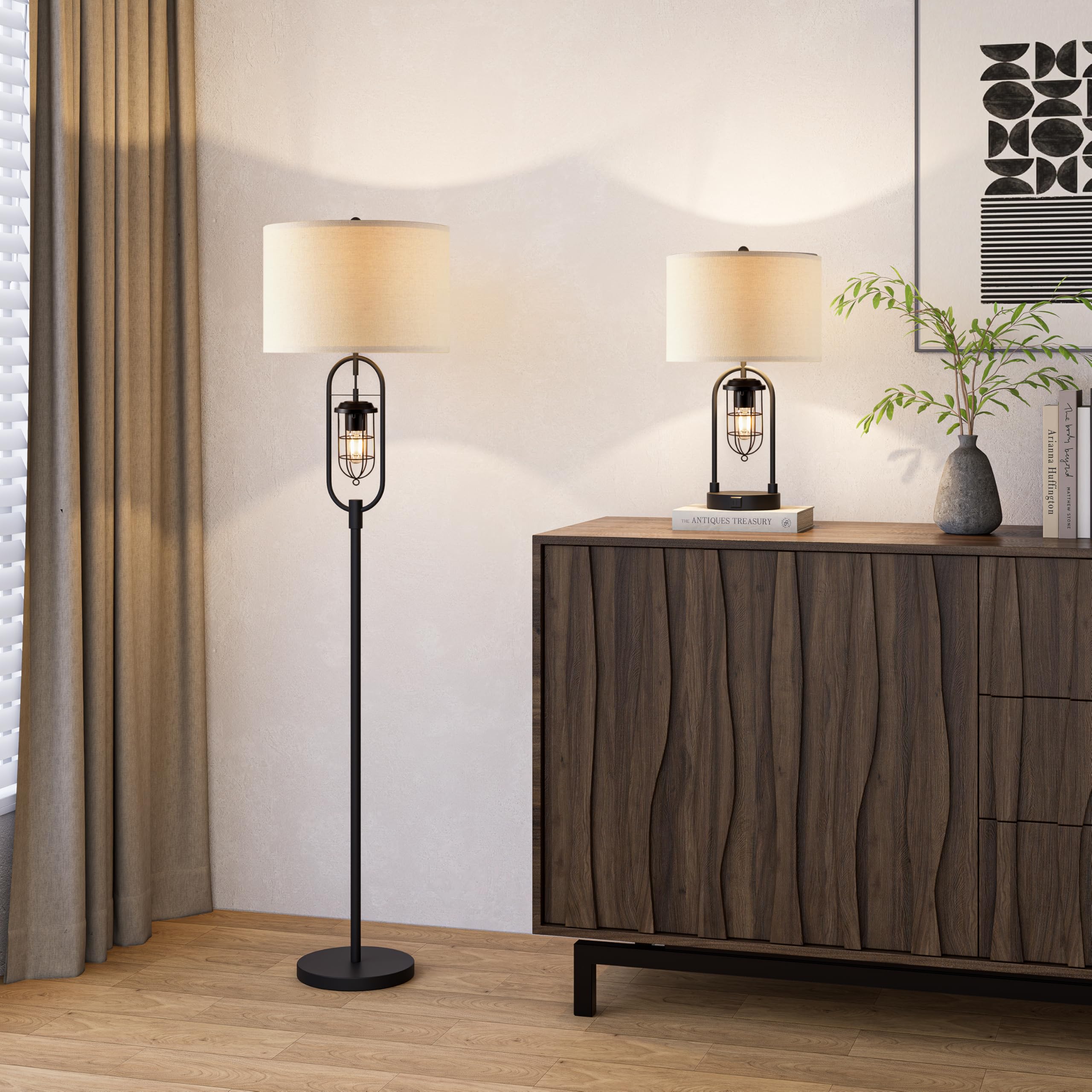 KAWOTl Farmhouse Floor Lamp with Night Light, 62.5’’ Industrial Bronze Standing Lamp for Living Room, Bedroom, Home Office, Rustic Lantern-Style (LED Bulbs Included)