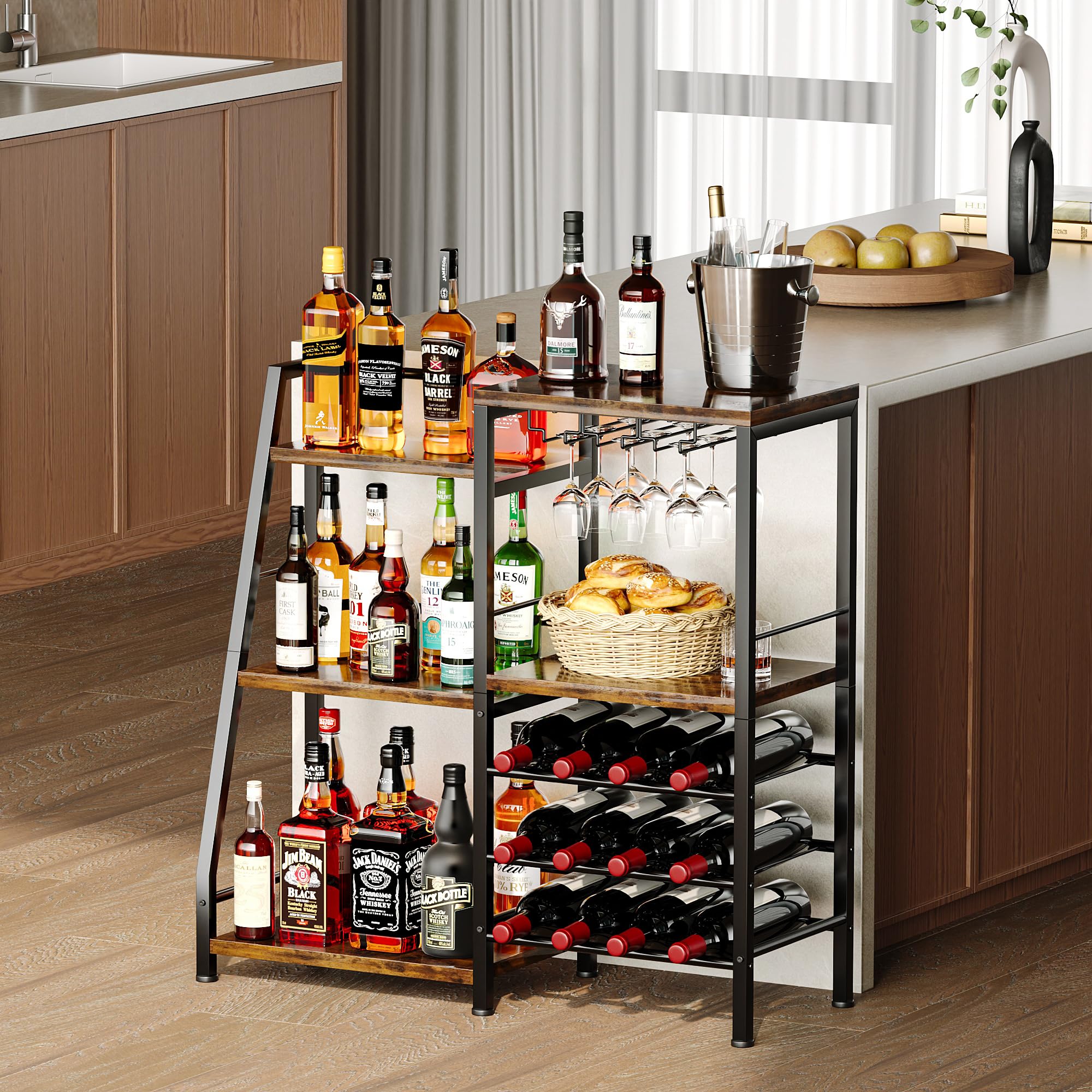 3-Tier Bar Cabinet with Wine Rack & Glass Holder