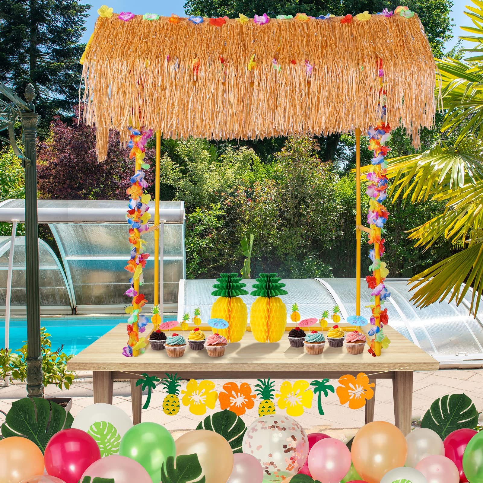 Auihiay Tiki Bar Hut, Tiki Bar Kit Includes Reusable Tiki Bar, Luau Party Flower Garland and Table Skirt for Summer Party, Luau Party Decorations
