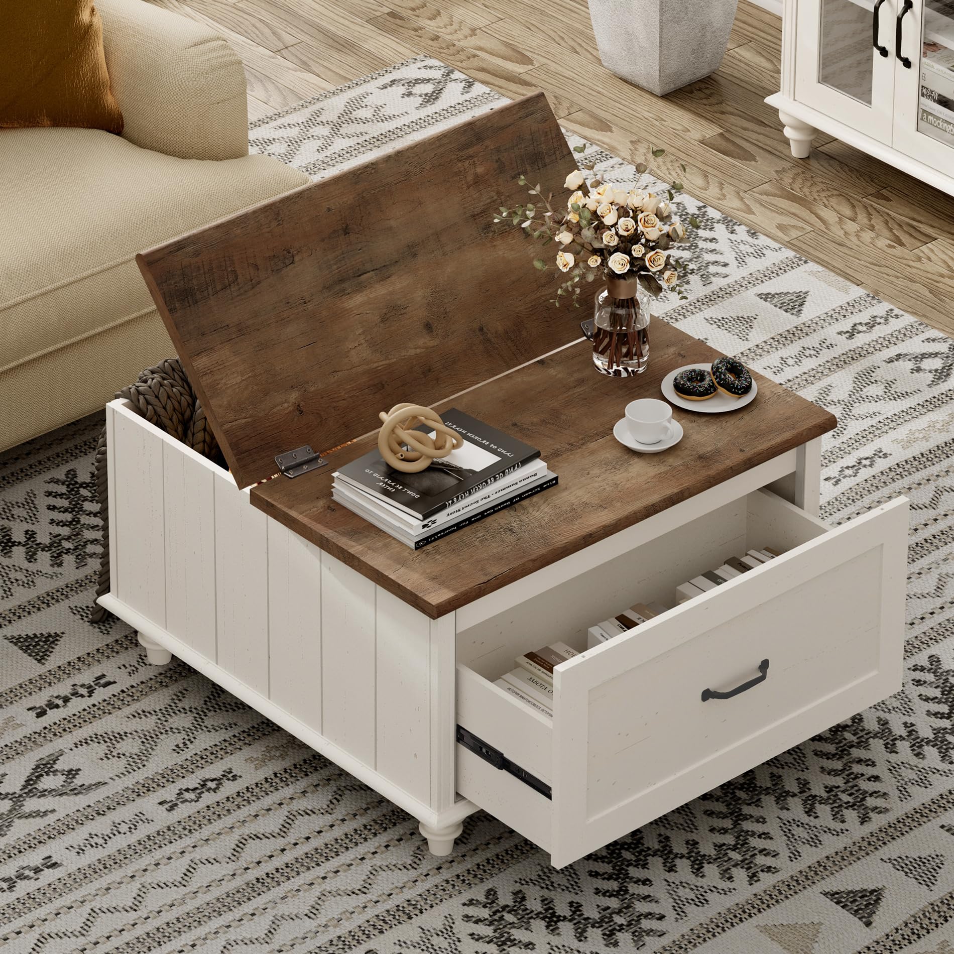 WAMPAT Farmhouse Coffee Table with Storage, Set of 2 Square Coffee Table with Lift Top & Drawers for Living Room, Wooden Center Table for Home & Office, White