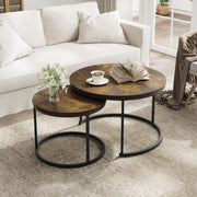 Smuxee Rustic Nesting Coffee Table Set of 2, 27.6" Round Coffee Table Wooden Marble Pattern with Adjustable Non-Slip Feet, Industrial End Table for Living Room Bedroom Balcony