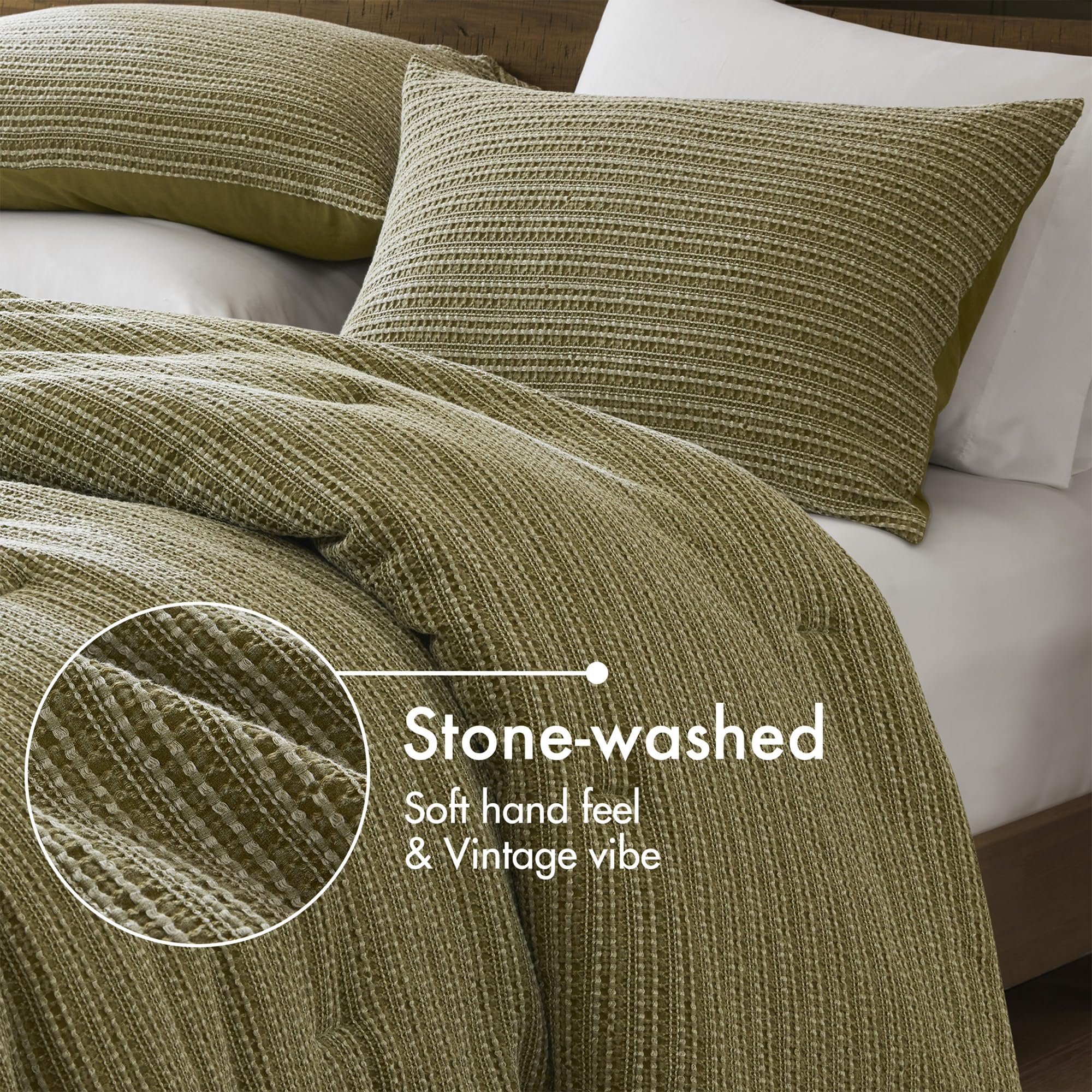 Woolrich Queen Comforter Set Cotton Waffle Pre-Stone Washed, Oversized Comforter, All Season Down Alternative Overfilled Queen Size Comforter, Lyon, Full/Queen Green 3 Piece