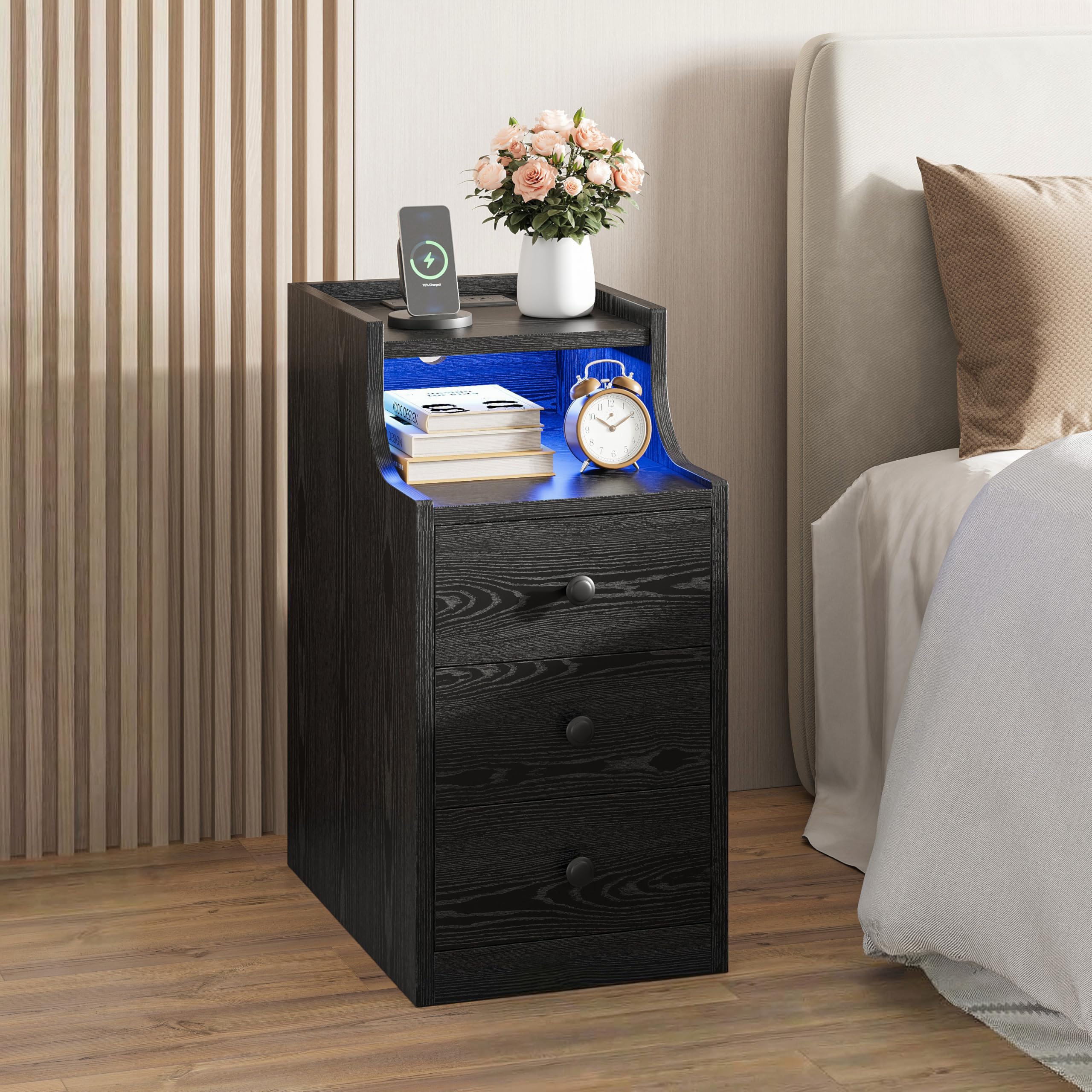 Nightstand with Charging Station, RGB LED Lights & 3 Drawers