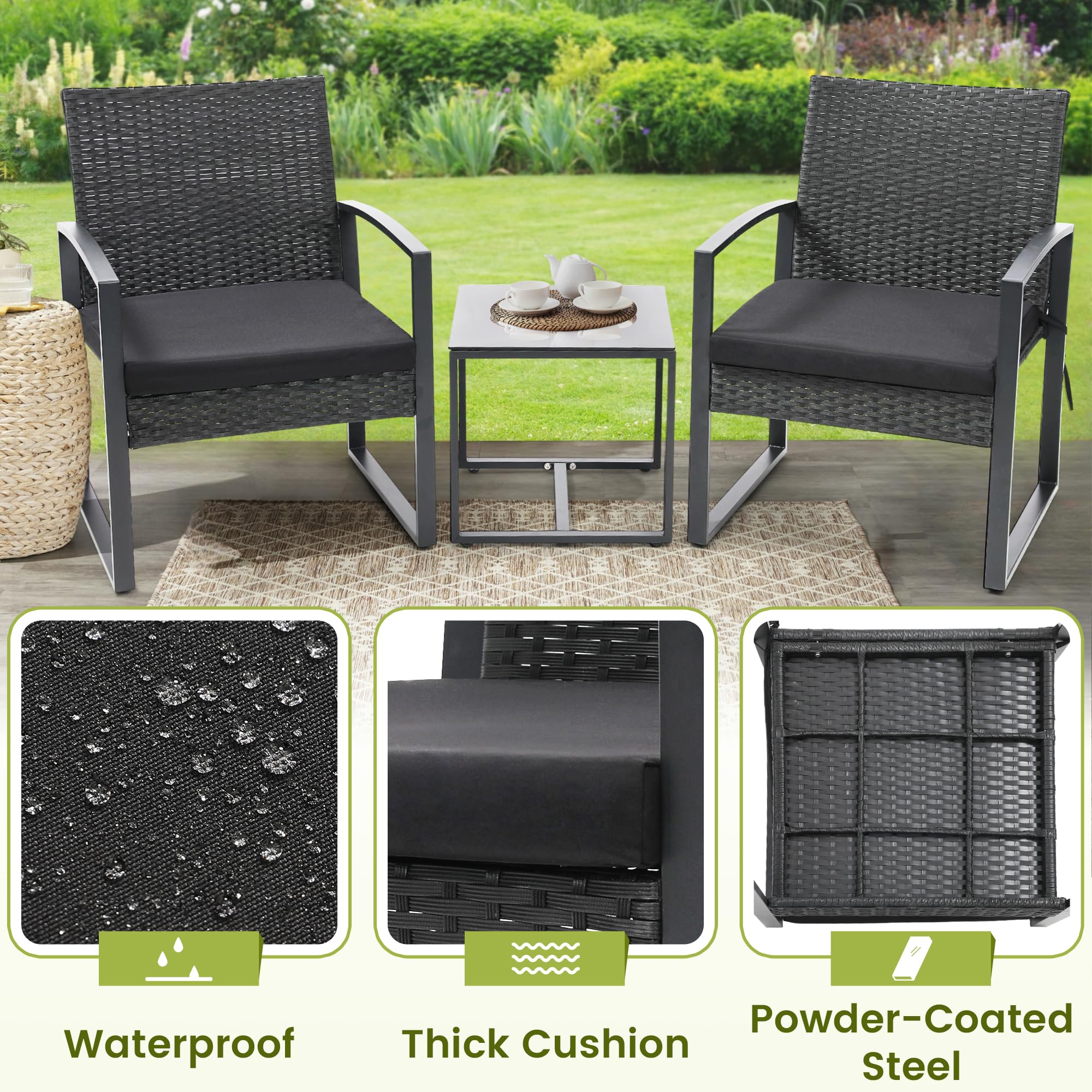 Murago Outdoor 3-Piece Wicker Bistro Set, Rattan Patio Conversation Set with Coffee Table, for Backyard Garden Poolside, Black Frame & Black Cushion