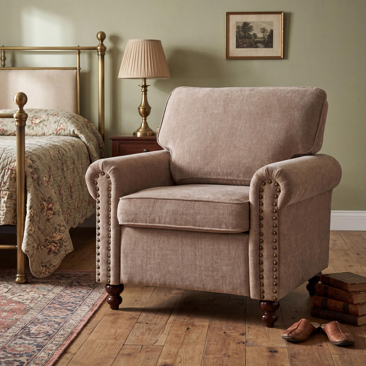 Brown Chenille Nailhead Accent Chair
