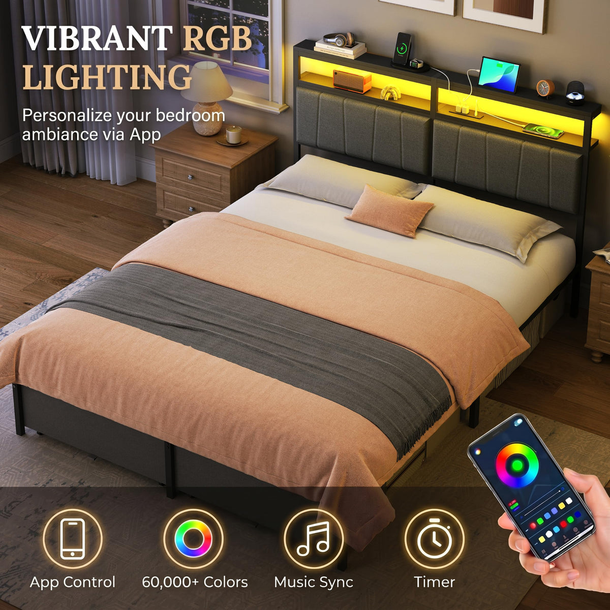 Queen Storage Bed Frame with Charging Station