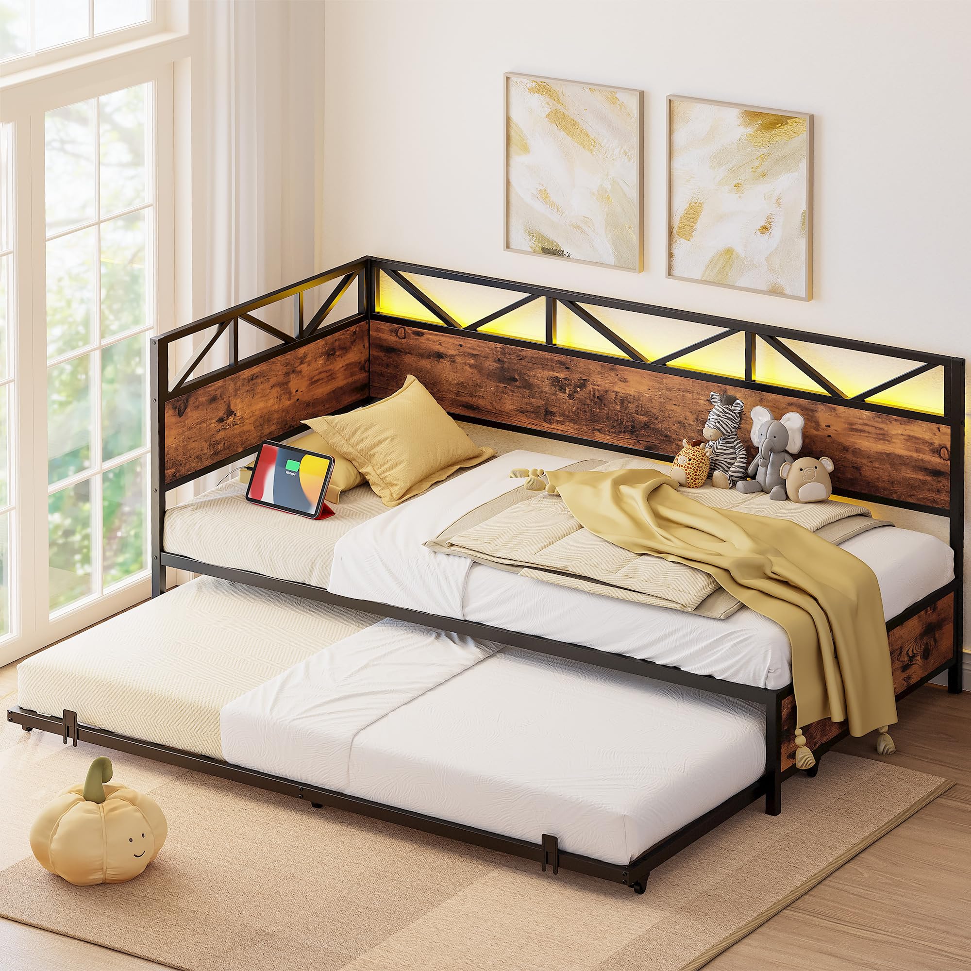 LIKIMIO Twin Daybed with Trundle, Metal Twin Size Bed Frame with LED Lights & Charging Station, Sofa Day Bed with Strong Supports for Living Room, Bedroom and Guest Room, Industrial Brown
