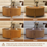 DHH Fluted Round Coffee Tables,31.5" Mid Century Modern Circle Drum Table with Storage, Accent Coffee Table with Sliding Cabinet Door for Living Room Small Space (Yellow Oak)