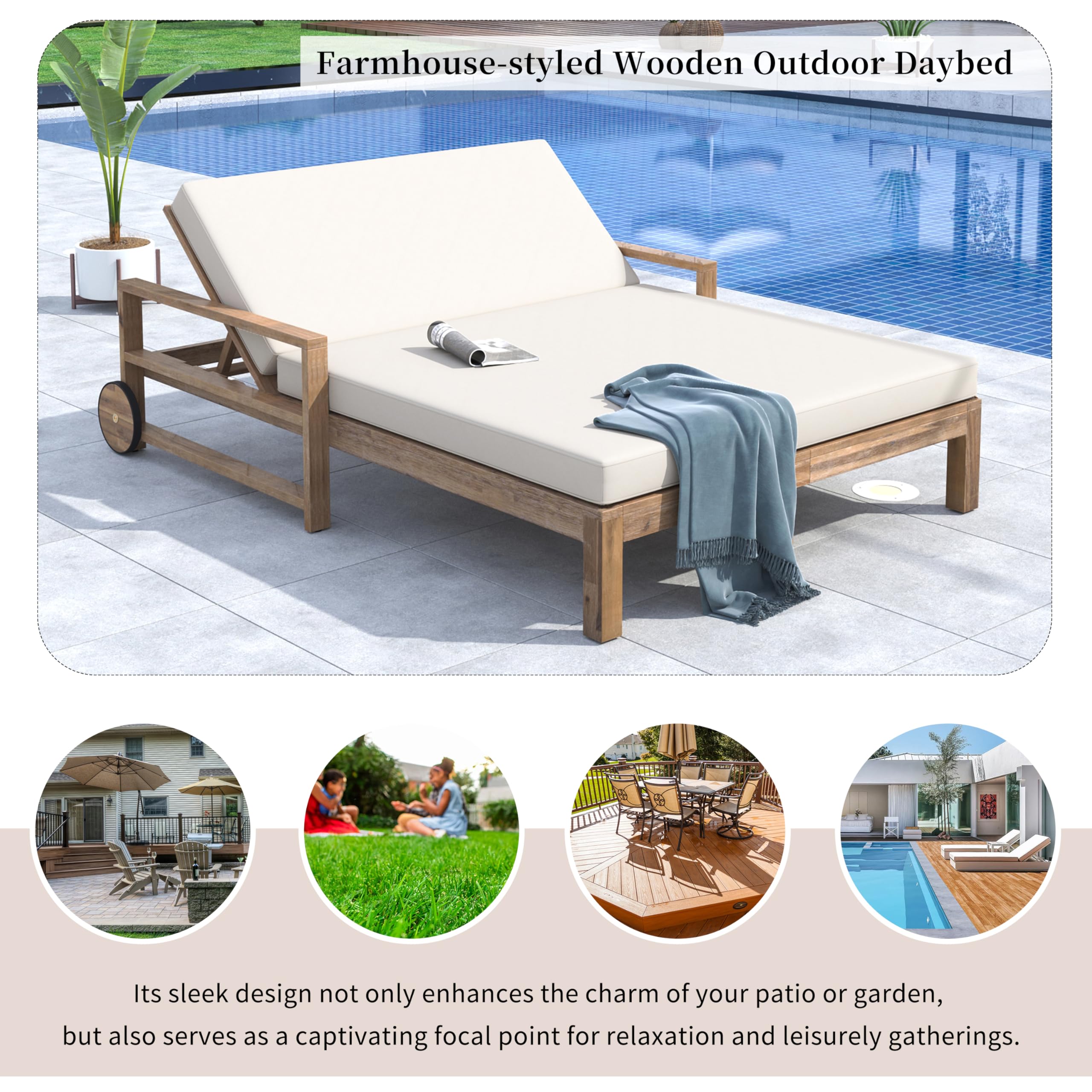Merax Acacia Wood Outdoor Daybed Sofa, Farmhouse Patio Sun Lounger with Adjustable Backrest, High-Density Cushions & Removable Wheels, Weather Resistant for Garden, Poolside, Backyard, Beige