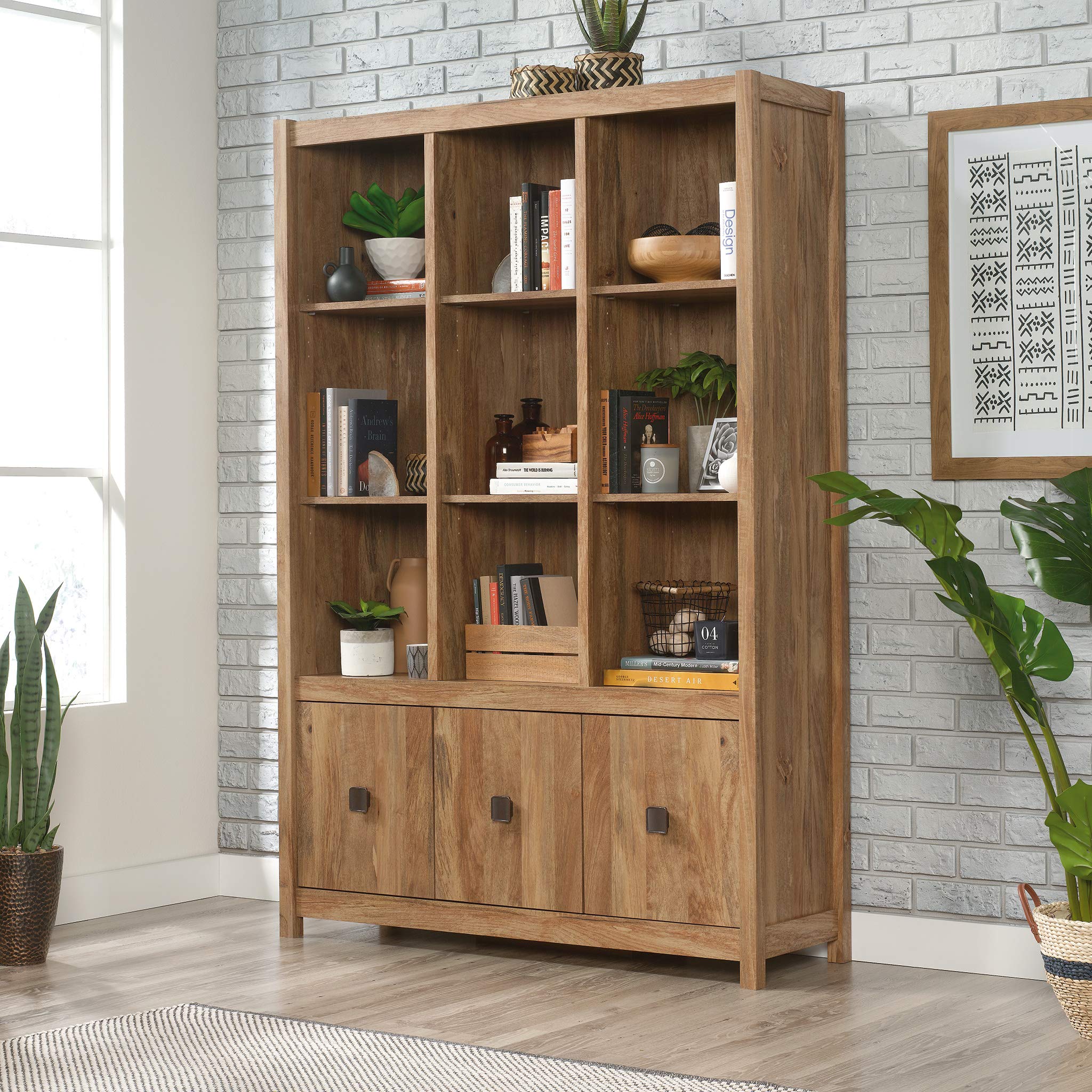 Sauder Cannery Bridge Bookcase Storage Wall, Storage Shelves with Drawers, in Sindoori Mango