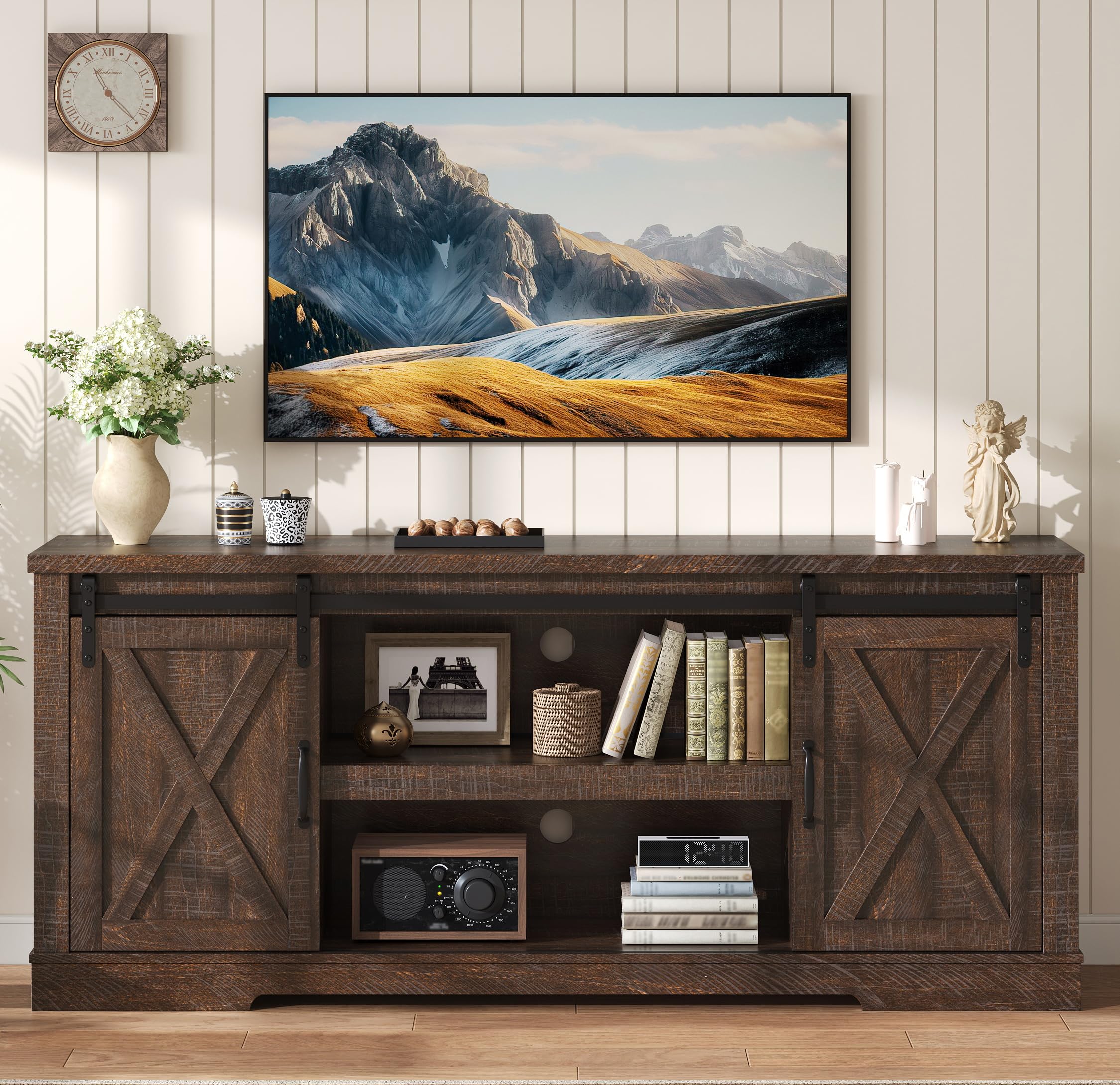 66" Farmhouse TV Stand with Sliding Barn Door