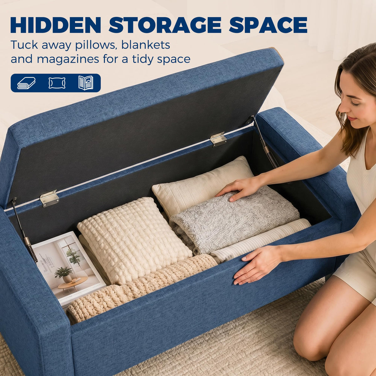 Blue Tufted Storage Ottoman Bench