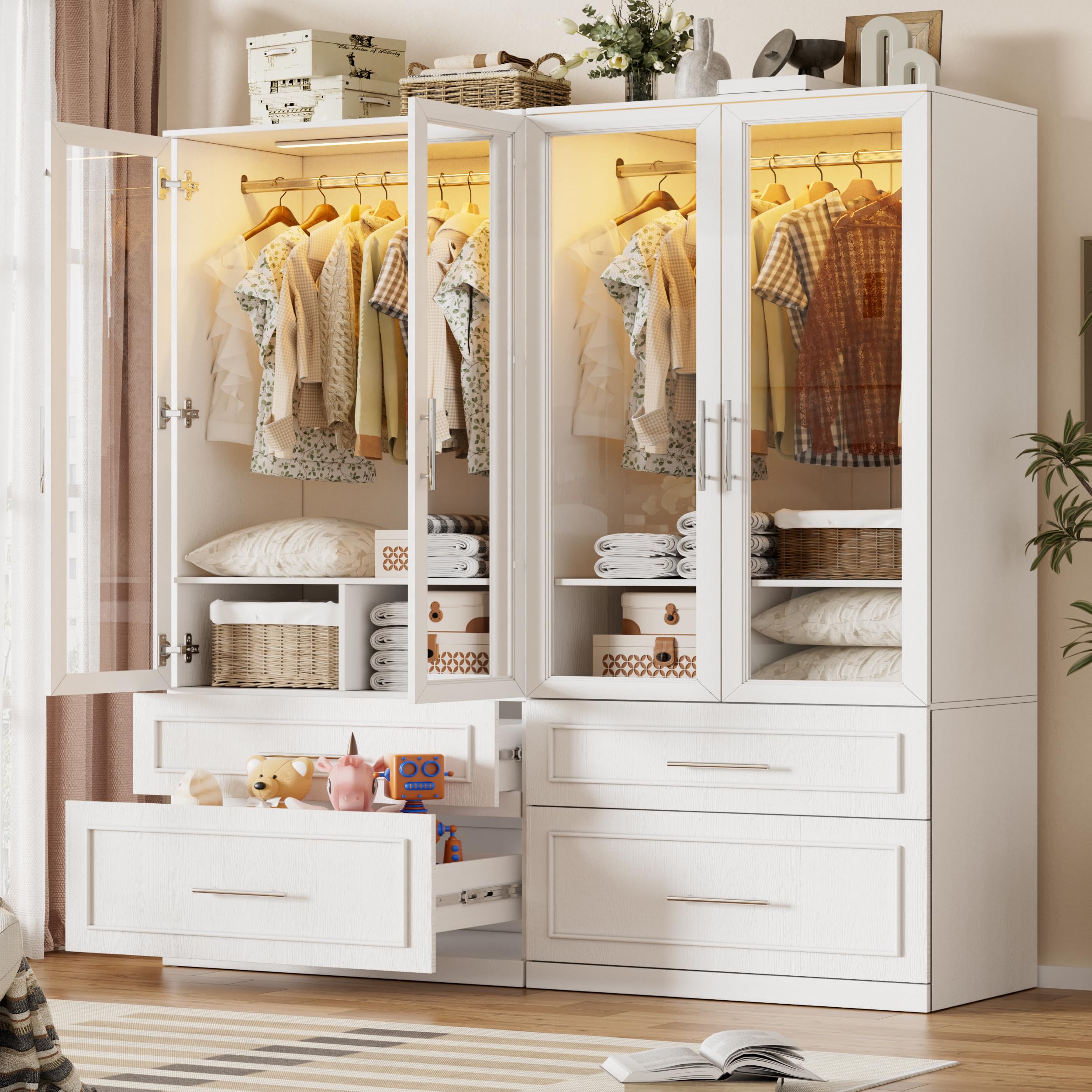 Armoire Wardrobe Closet with LED Light, Drawers & Hanging Rod