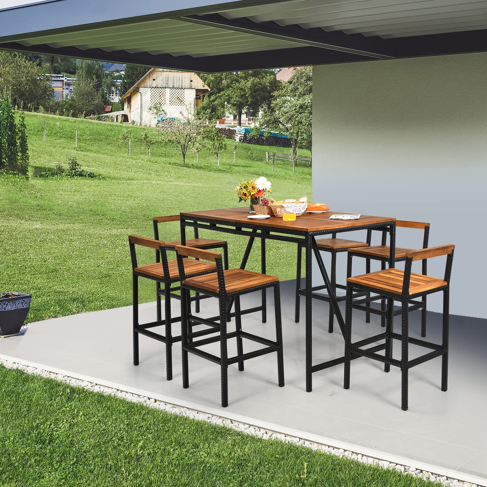 HAPPYGRILL 7 Piece Patio Bar Table Set with Umbrella Hole Acacia Wood High-Dining Bistro Set with 6 Bar Stools, PE Wicker Outdoor Bar Set for Backyard Patio and Poolside