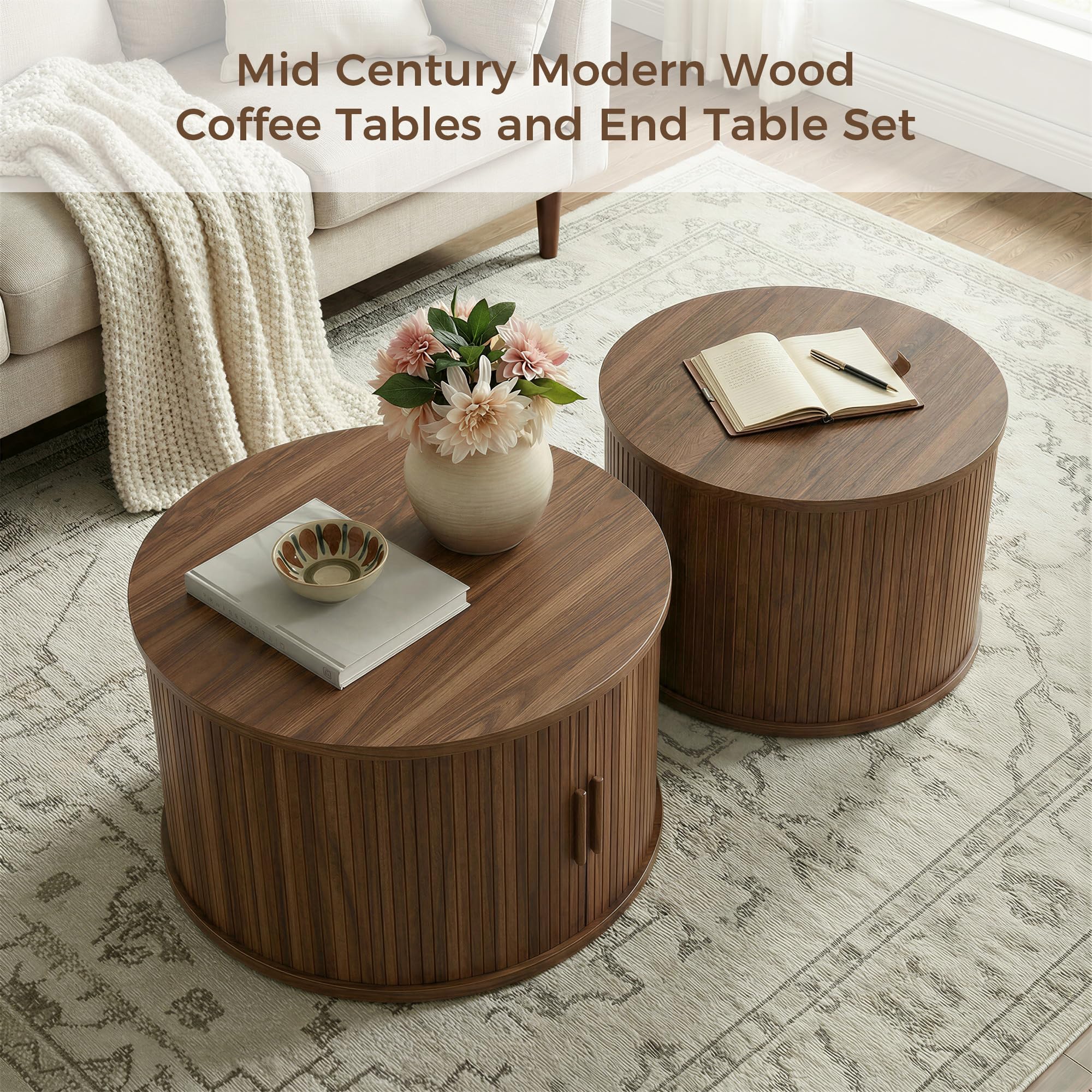 Round Coffee Table Set of 2 with Sliding Door & Hollow Storage