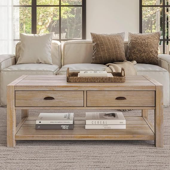 Solid Wood Coffee Table with Drawers