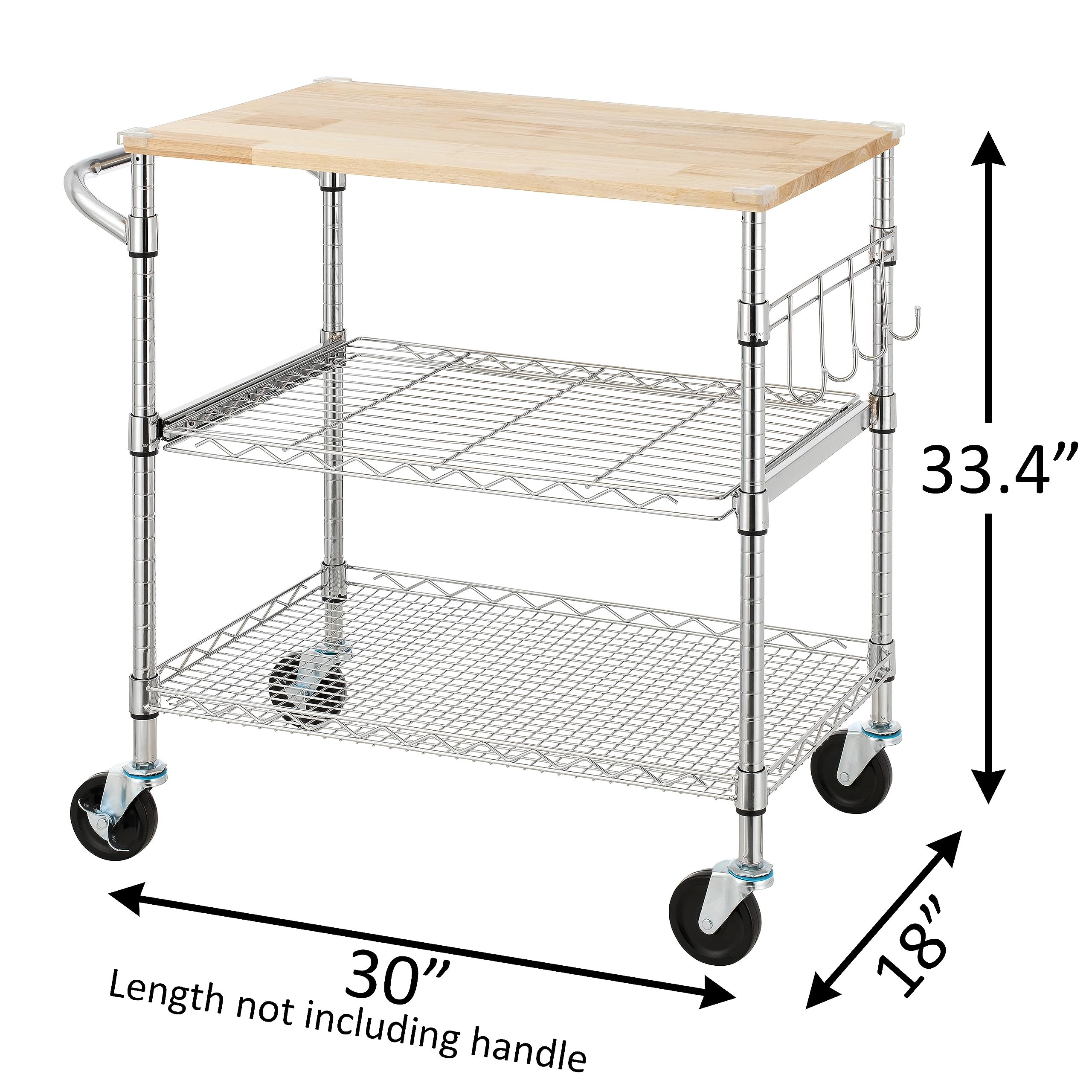 Finnhomy 3-Tier Rolling Kitchen Cart With 18" D x 30" W Oak Wood Tabletop, Kitchen Island With 4" Wheels and Slider Shelf, Microwave & Coffee Cart With Hooks for Dining Room, Chrome