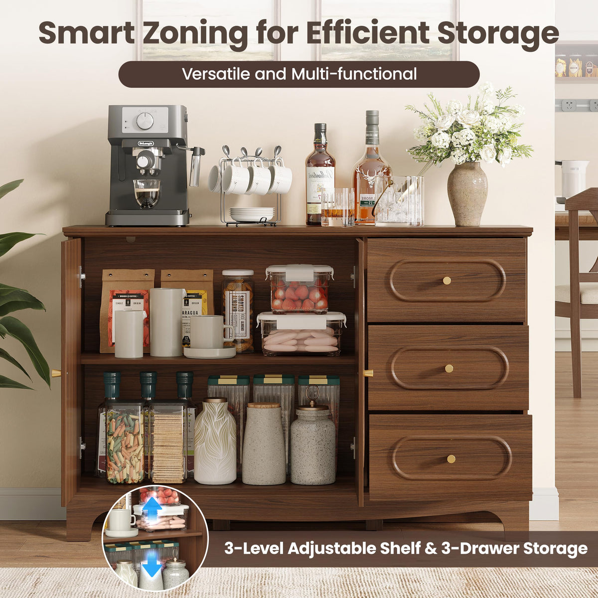 Sideboard Buffet Cabinet with Storage Drawers, Coffee Bar Cabinet, Walnut