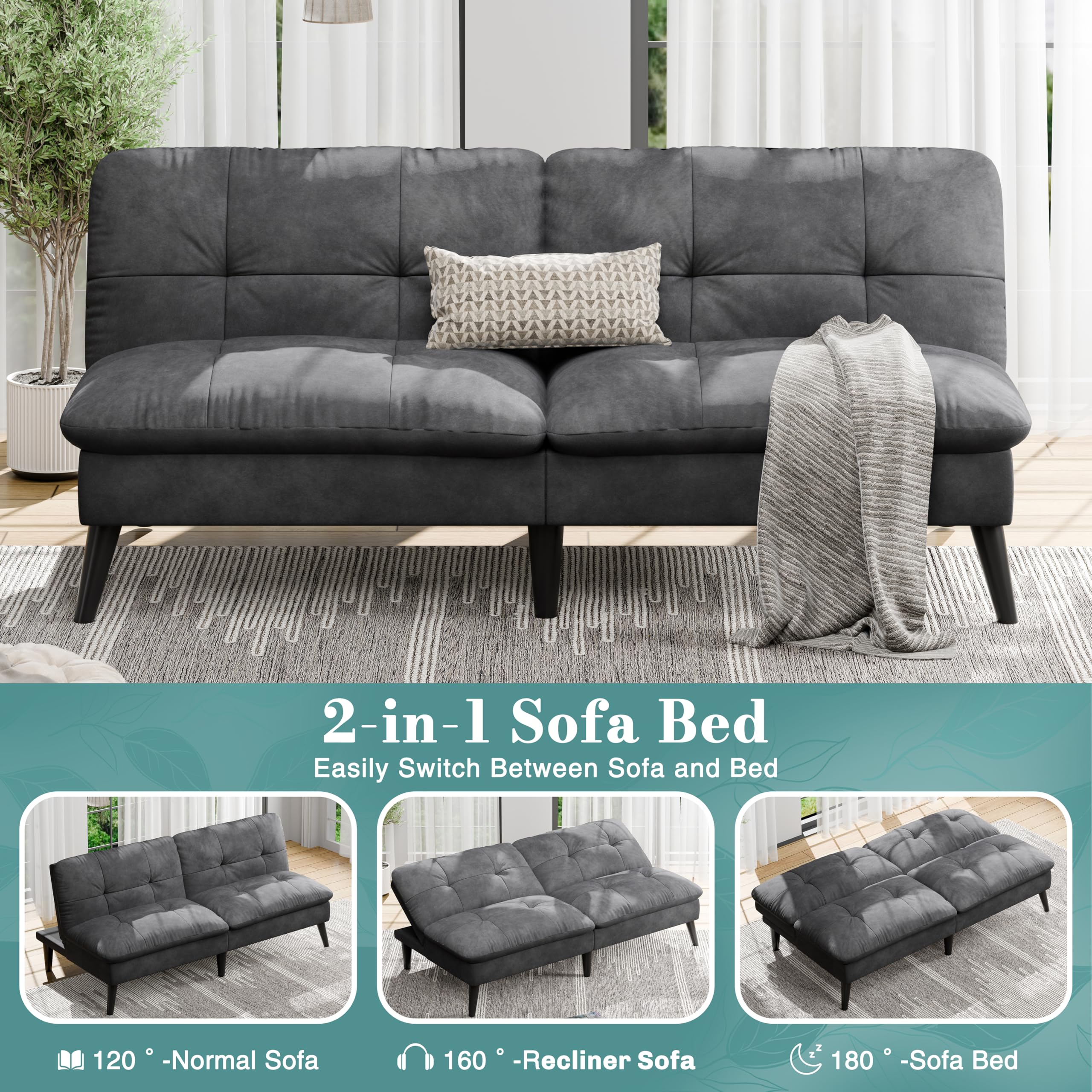 Convertible Futon Sofa Bed with Adjustable Backrest